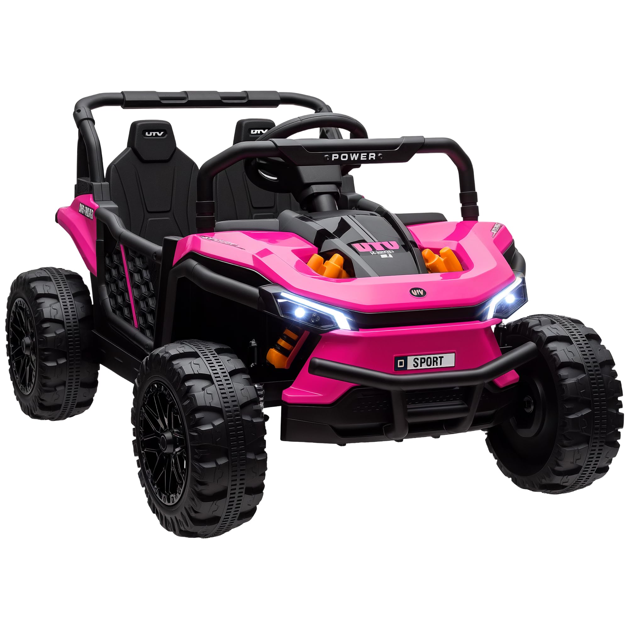 A child driving the pink Qaba 12V Kids UTV Electric Ride-On Truck on a dirt path with an adult walking behind.