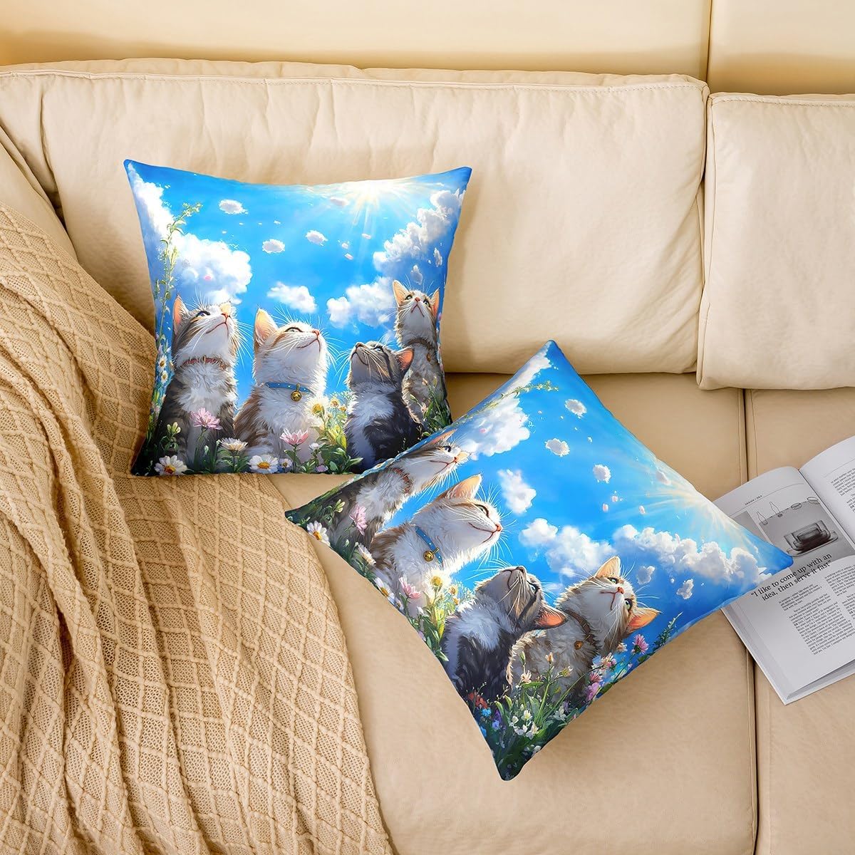 Homewish Cat Throw Pillow Covers (Pack of 1),Colorful Floral Pillow Cases,Kids Girls Boys Adult Cute Pet Animals Cushion Cover Blue Sky Living Room Sofa Decor,16" Lx16 W image 2