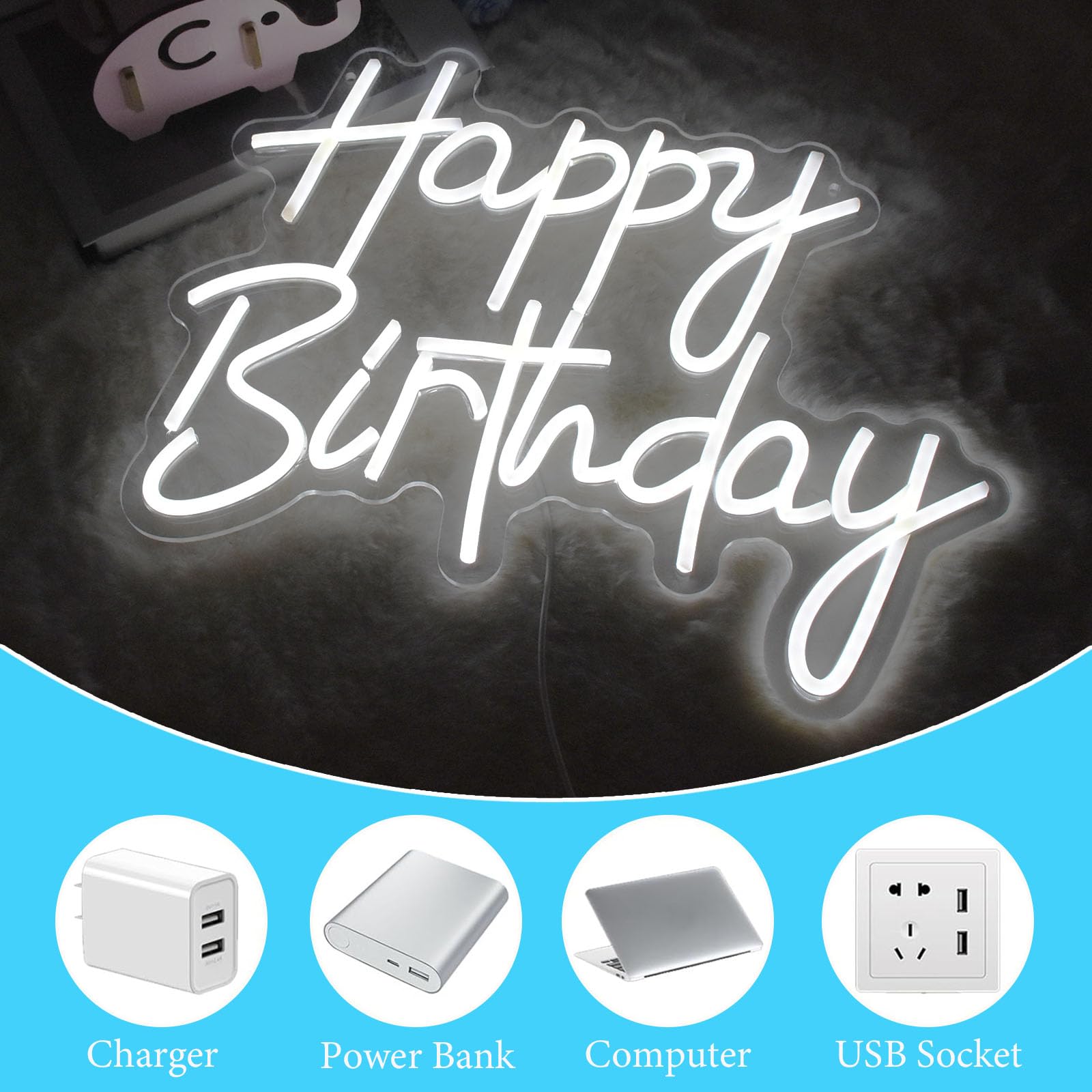 Happy Birthday Neon,Buon compleanno Lettere al Neon Bianco Decorazioni per la Festa di Compleanno Luce al Neon a LED "Buon Compleanno"alimentata tramite USB con interruttore dimmerabile