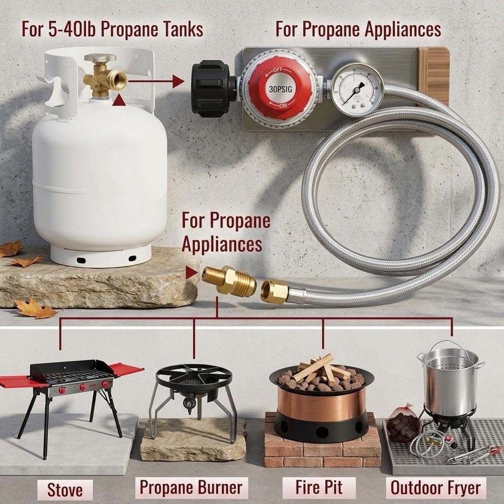 Regolatore Propano Regolabile con Manometro e Tubo per intrecciato 5FT per Grill BBQ per campeggio Stufa Gas per qcc1(12FT)