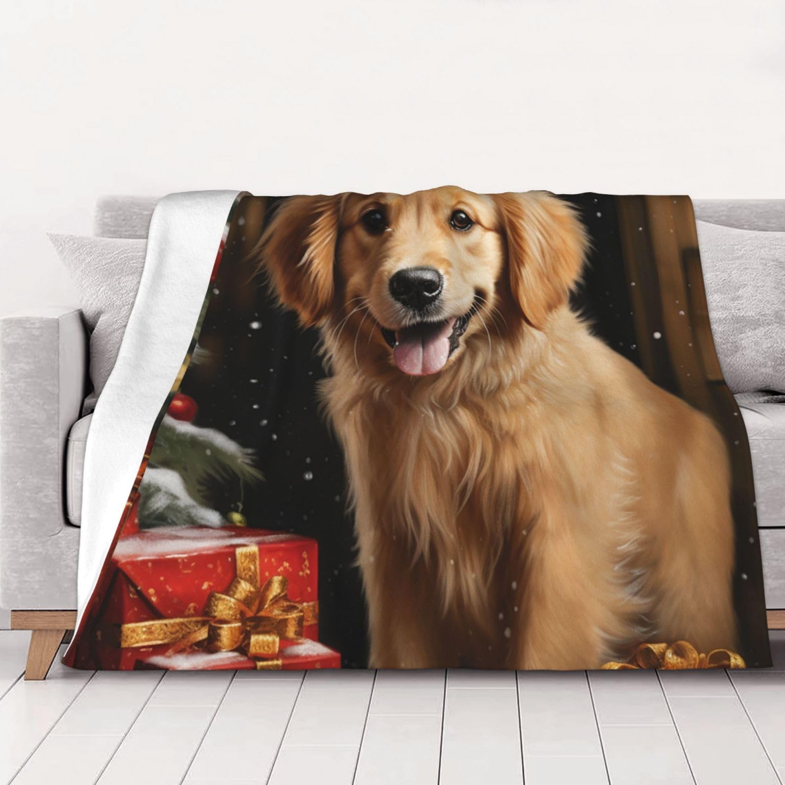 Plaid Golden Retriever de Noël en flanelle 125x150 cm pour un canapé cocooning