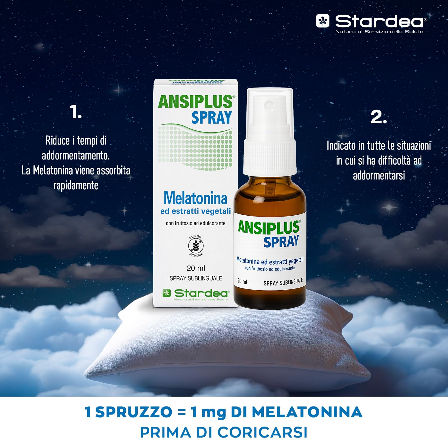 Ansiplus Spray 20 ml, Melatonina Pura Spray, Integratore Alimentare di Melatonina, Aiuta a Dormire, Jet-lag, con Passiflora Giuggiolo Vitamine B3 B6 e Estratto di Magnolia Stardea