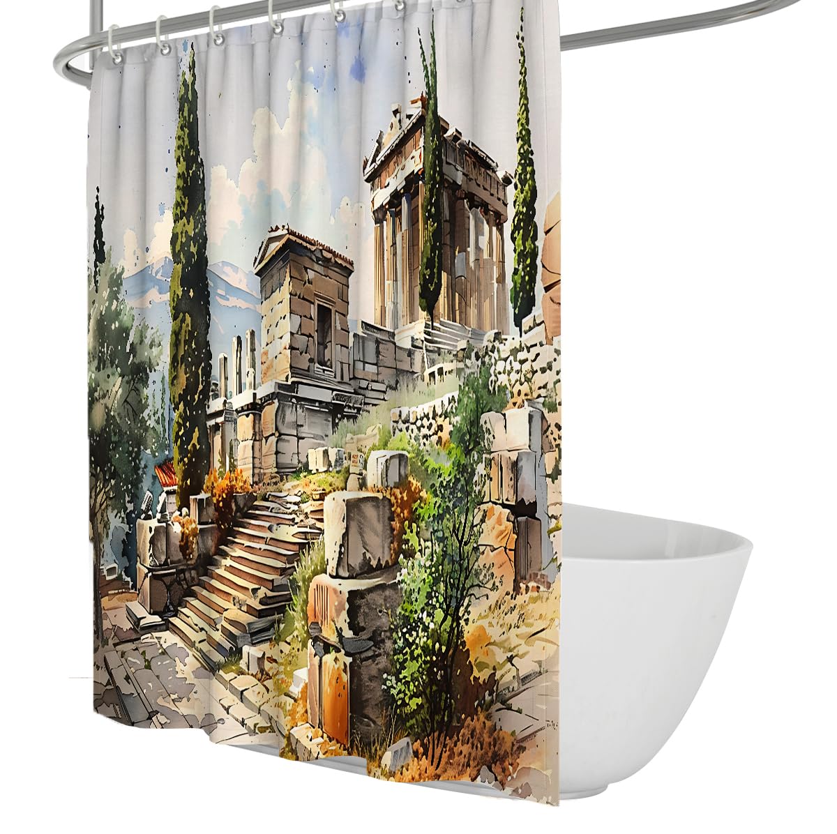 UERWOWELL Watercolor Greek Ruins Shower Curtain Vintage Cypress Trees Fabric Bath Curtain with Hooks Vibrant Historical Landmark Bathroom Decor W180xL220 cm