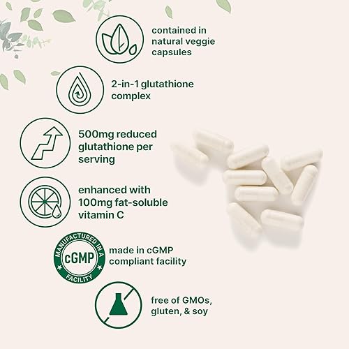 Miniatura 3 de Micro Ingredients Glutatión de 500 mg con suplemento de vitamina C de 100 mg, 240 cápsulas vegetales Glutatión reducido + complejo de palmitato de