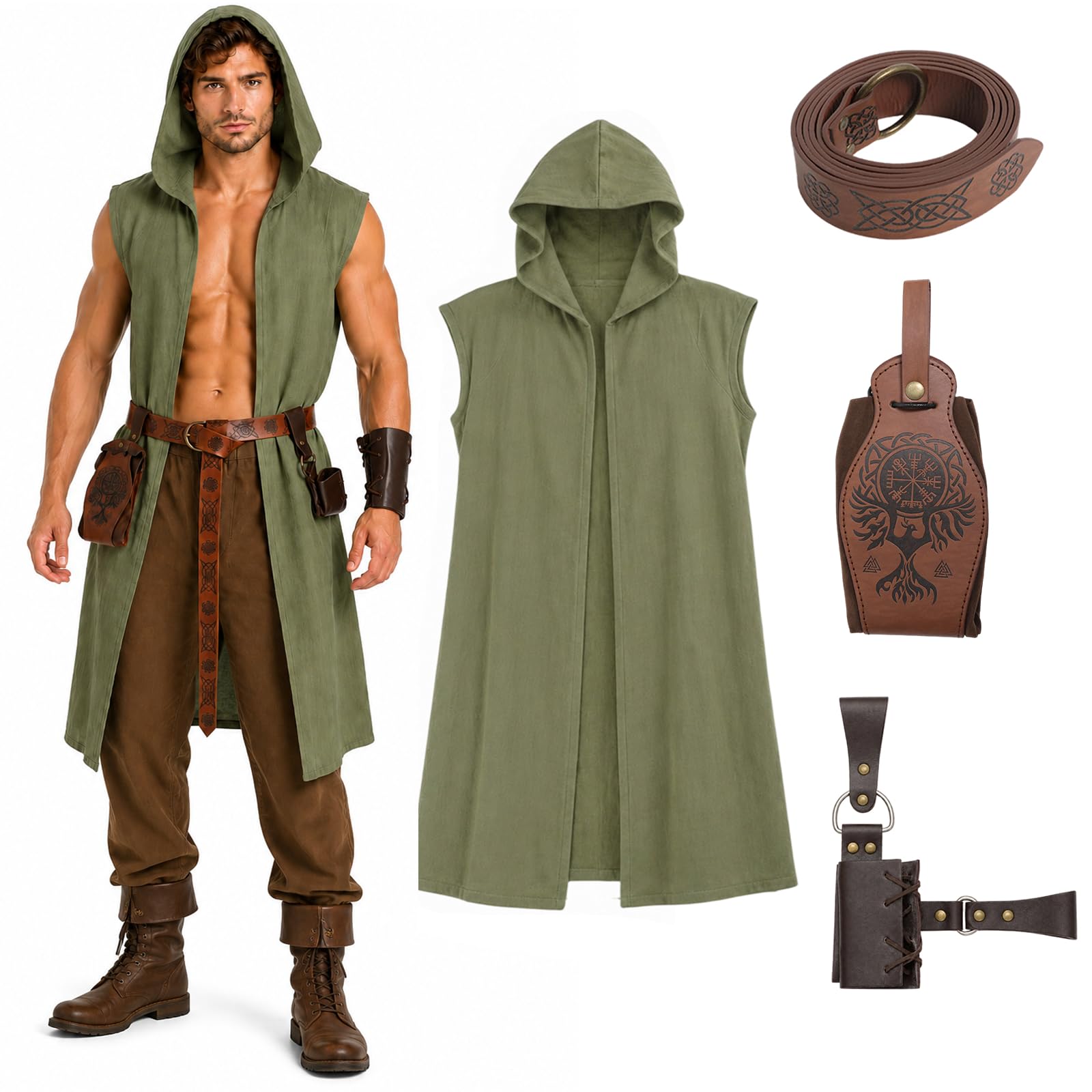 ZZXIAOJIE 4Pcs Renaissance Surcoat Hooded Men Medieval Viking Accessories