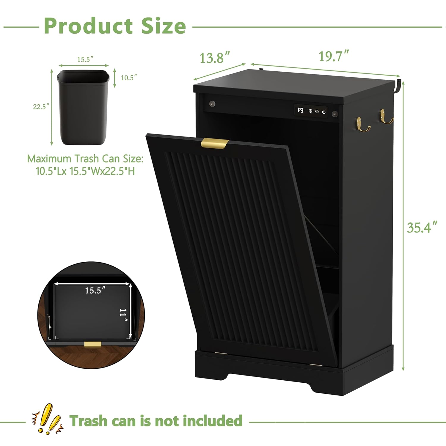 13 Gallon Tilt Out Trash Can Cabinet with Deodorizing Function,Farmhouse Wooden Hidden Garbage Can Holder with Side Hooks for Kitchen,Living Room, Dining Room,Pet Proof Indoor Storage Cabinet,Black