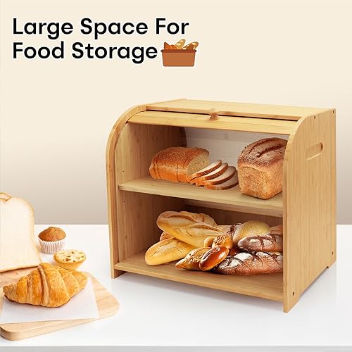 Miniatura 3 de Bread Box for Kitchen Countertop, Double Layer Bamboo Bread Storage Container for Homemade Bread, Roll Top Bread Box with 3 Adjustable Height for