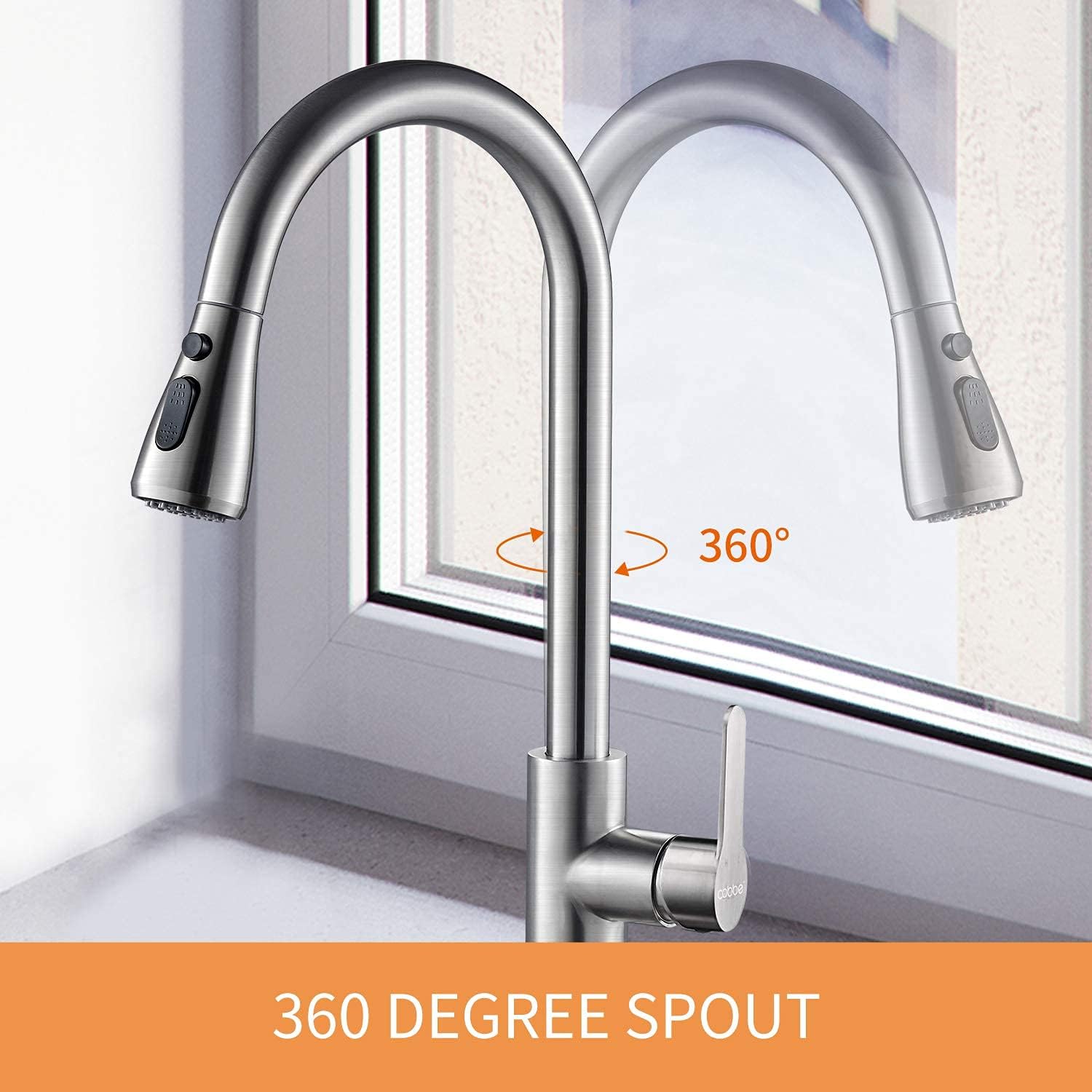 Kitchen Faucet with Pull Down Sprayer, Cobbe High Arc Gooseneck Kitchen Sink Faucet with Stainless Steel Single Handle Lead-Free Faucet for Kitchen Sinks (Brushed, Pause Mode)