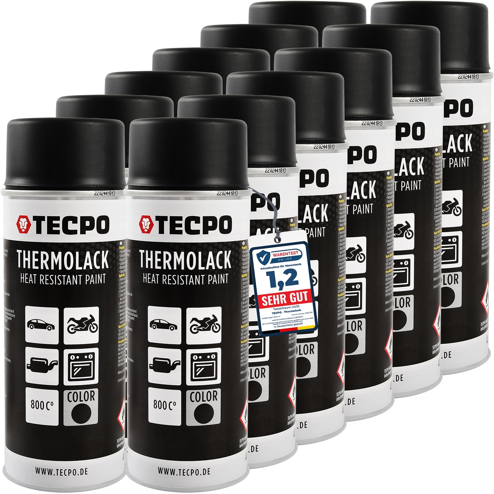 TECPO Thermolack Spray Dose 12x400ml Auspufflack Autolack Ofenlack Bremssattellack hitzebeständig bis 800°C schnell trocknend Auto Lackspray Schwarz Matt schützt Motor und Auspuff vor Rost (12er-Pack)