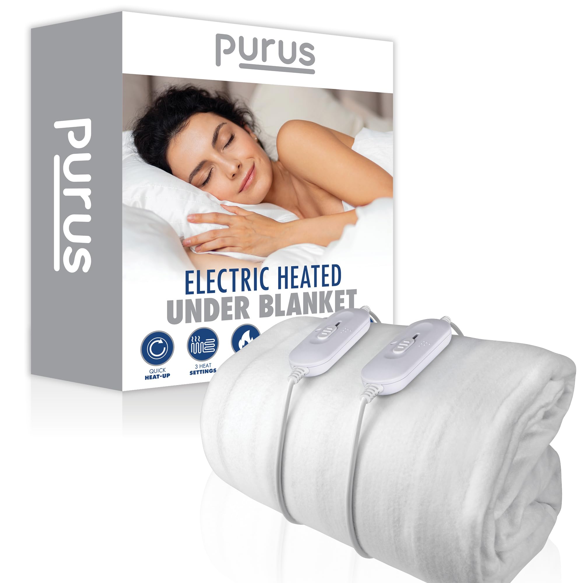Purus White Superking Electric Blanket 203X182cm, Fully Fitted Soft Polyester Electric Blanket, Underblanket Mattress Cover, 3X Heat Settings, 2X Controllers And Machine Washable Heated Blanket