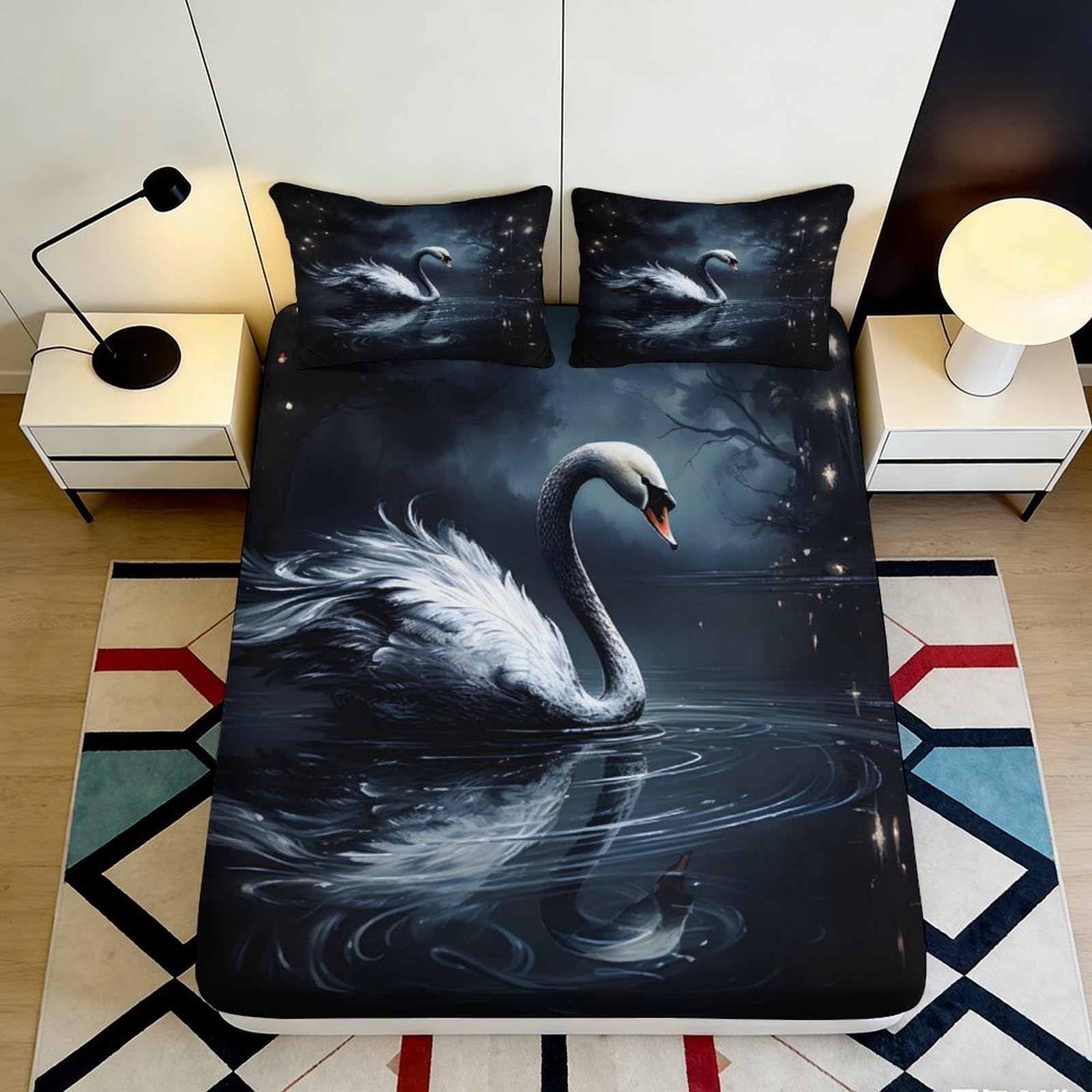 Pnayamiorkfel Style-1 3D Printed Elegant Swan Lake Fitted Sheet Microfiber Soft Black Art Bed Cover For Bedroom Guestroom Decor 90X200x25cm