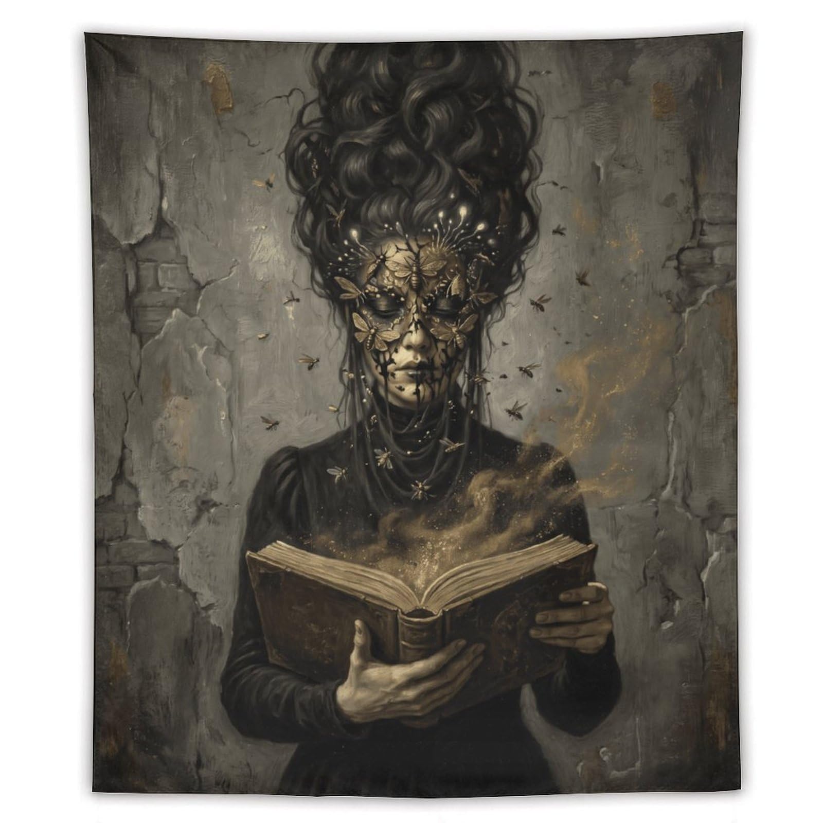 W7C8U2X3 Golden Mask Reader Wall Tapestry, Detailed Illustration