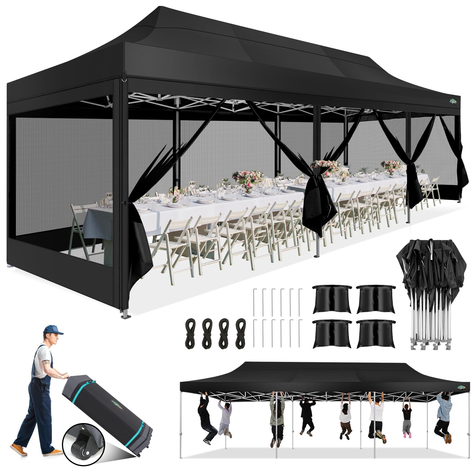 COBIZI 10x30 Canopy Tent, Heavy Duty Pop up Canopy with Sidewalls, Waterproof Easy Setup Canopy with Mosquito Netting, Outdoor Instant Screen Tents for Parties, Wedding with Roller Bag, Black