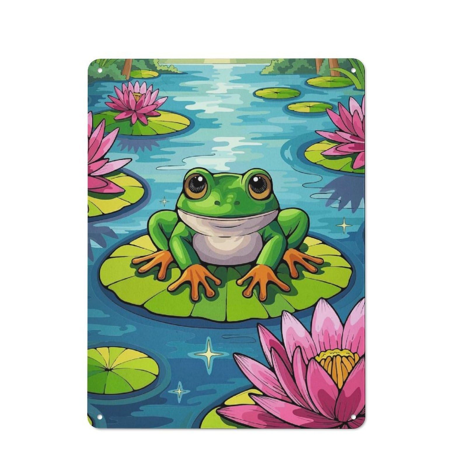 Junmoney Style-1 Frog On Lily Pad Cartoon Tin Wall Plaque 40X30cm, Rustic Cottage Wall Art For Dining Room, Cafe, Entryway Or Family Room