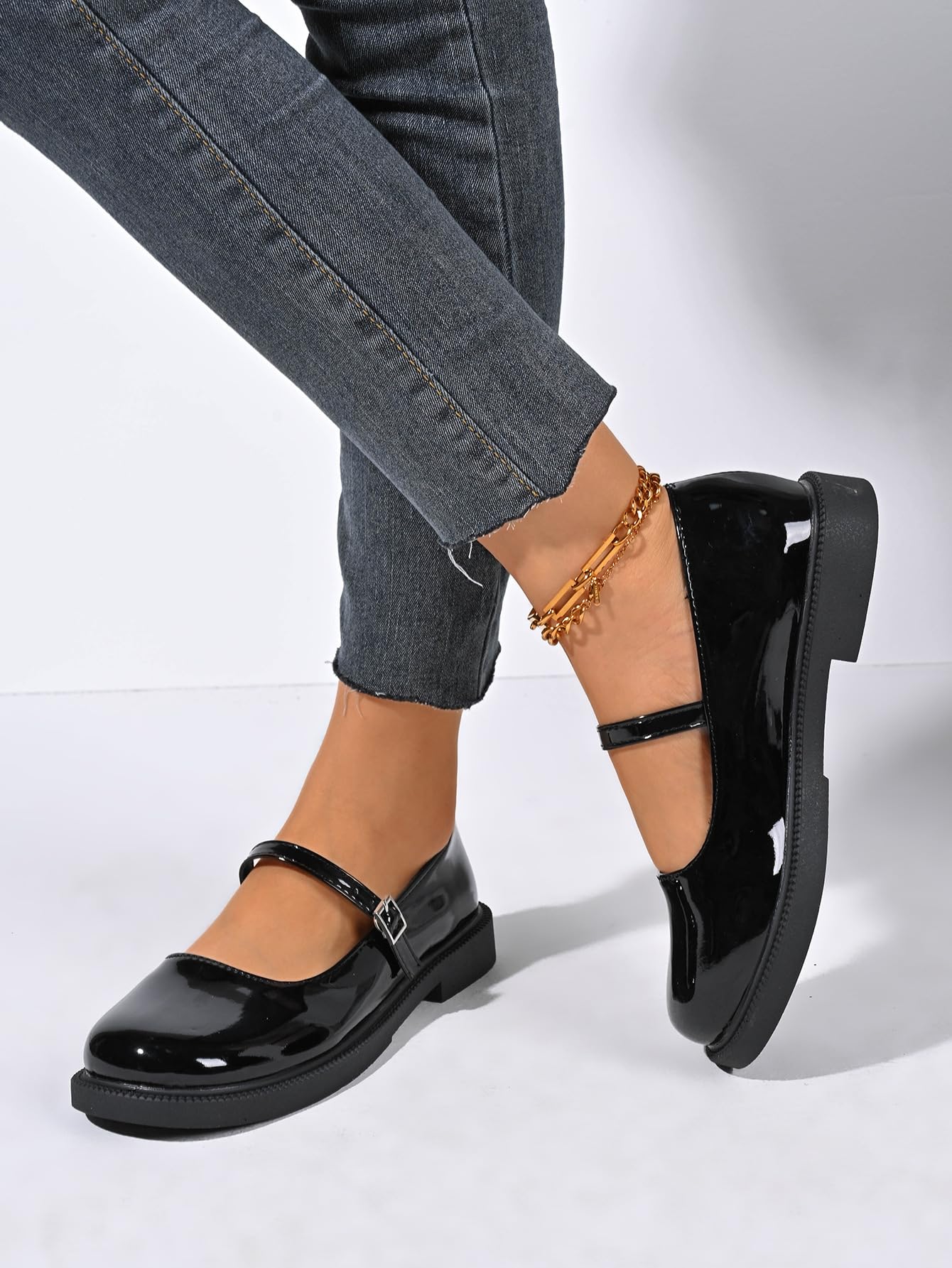Mary Jane Chaussures de ballet orthopédiques confortables en cuir verni avec bout rond Noir