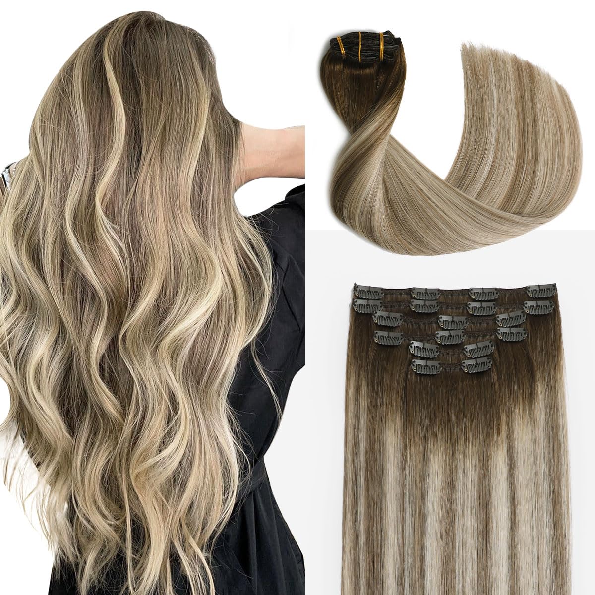Sindra Clip in Extensions Human Hair 22 Inch Balayage Darker Brown Ombre to Light Brown Mixed Blonde Real Human Hair Extensions Clip ins Remy for Women Straight 120g 6pcs #3/8/22 22inch