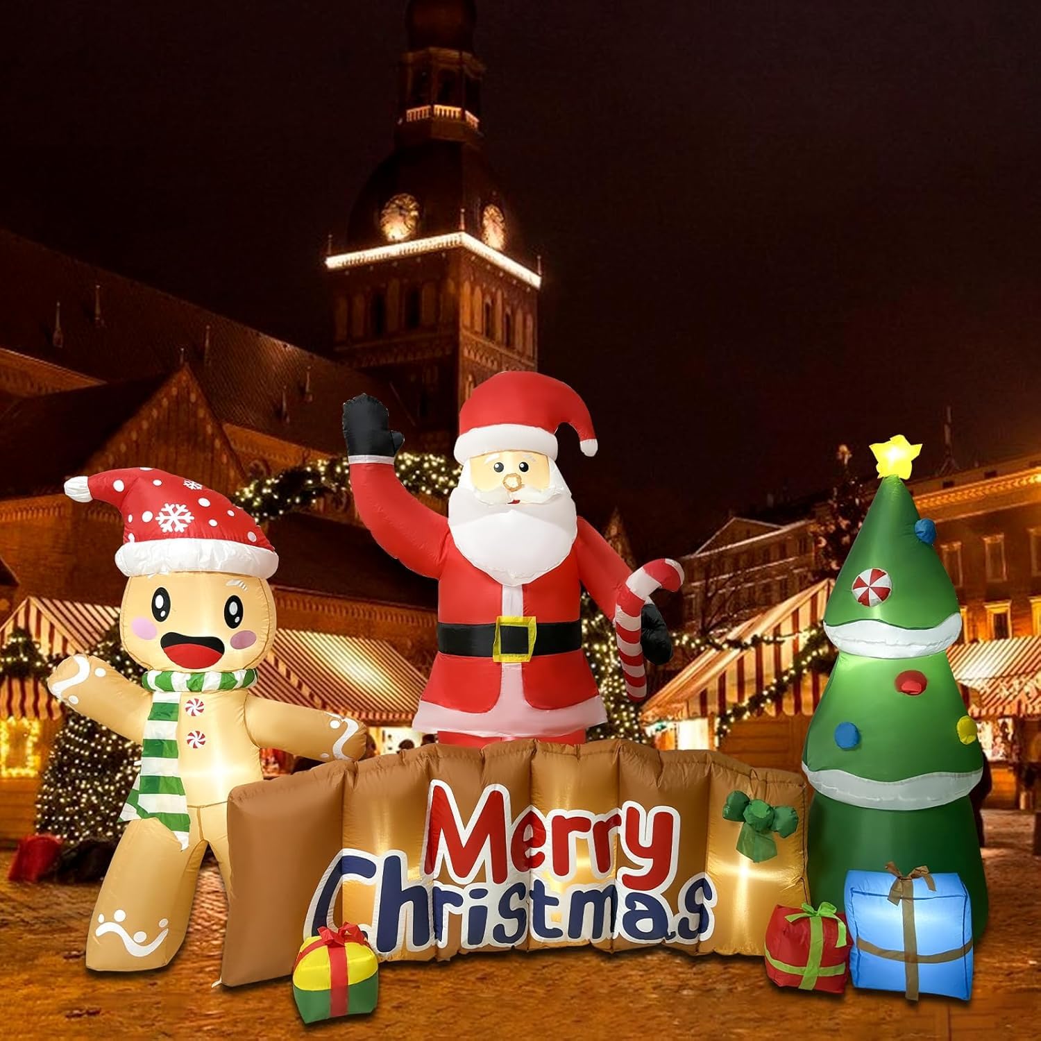 ZXSWONLY Décoration Gonflable géante (3 mètres) « Joyeux Noël » avec Père Noël, Bonhomme en Pain d'épice et Sapin – Décoration d'extérieur pour Jardin, terrasse ou pelouse