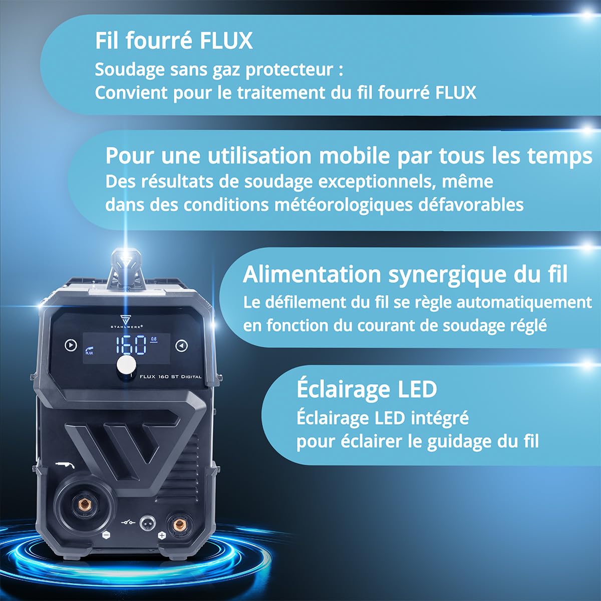 STAHLWERK Poste à souder FLUX 160 ST Digital – Combiné 3-en-1 160 A, soudage au fil fourré sans gaz, MMA (ARC), Lift-TIG (DC), dévidage synergique, éclairage LED, technologie IGBT