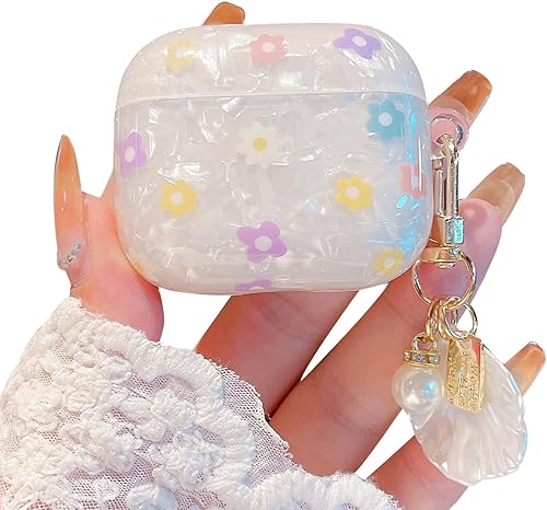 Cute Airpod 3 Case 2021 Flowers with Shell Pearl Keychain Luxury Marble Protective Cover Compatible with AirPods 3rd Generation Case for Girls Women