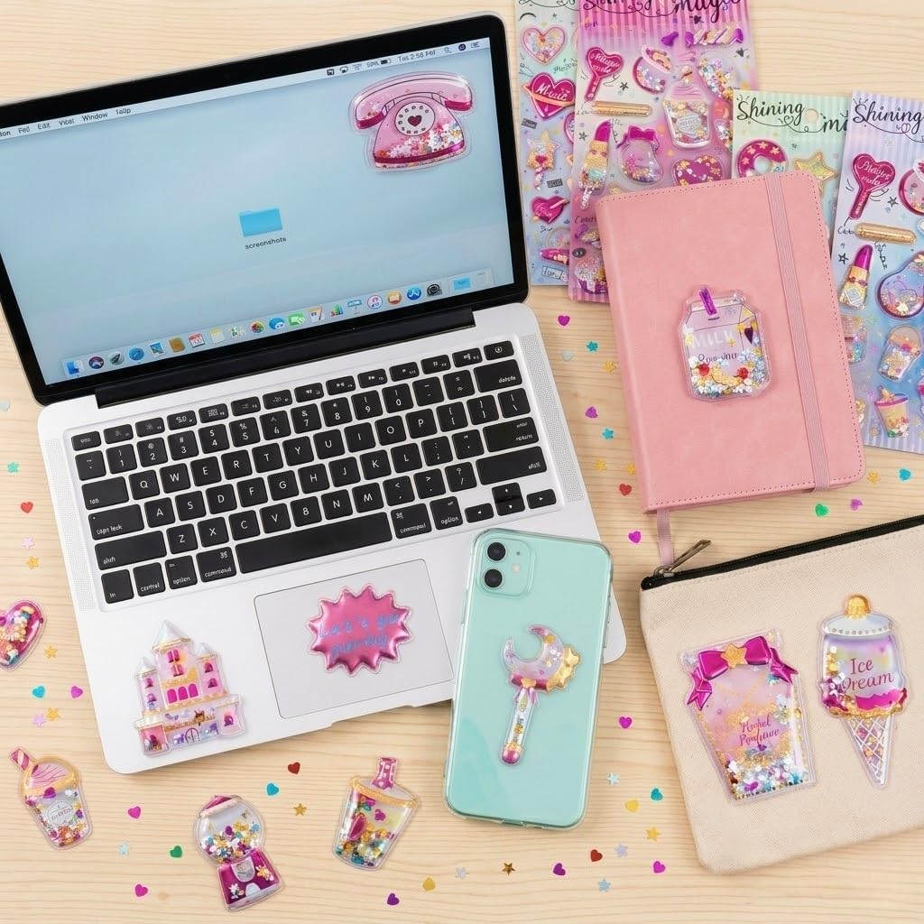 Glitter Puffy Stickers 8 Sheets120 Pcs 3D Puffy Cute Stickers Pack, Sparkle Decorative Stickers for Teen, Girls, Adluts, Phone, Scrapbooking, DIY, Party Favors, Pink Fun Sticker Sheets