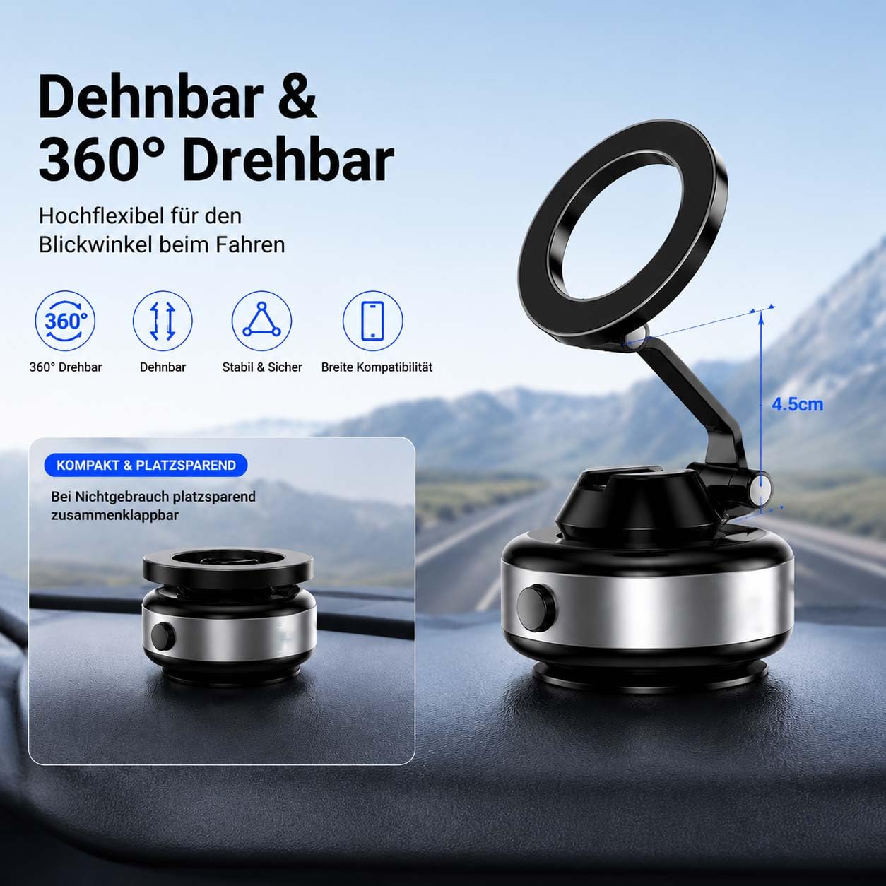 Snapmount Handy Halterung, 2026 Neu Snap Mount Handyhalterung Elektrisch, Selbstansaugende Auto Handyhalterung, 360° Drehbar Und Platzsparend Faltbar, Universell, Anti - Rutsch (Silber+Schwarz)