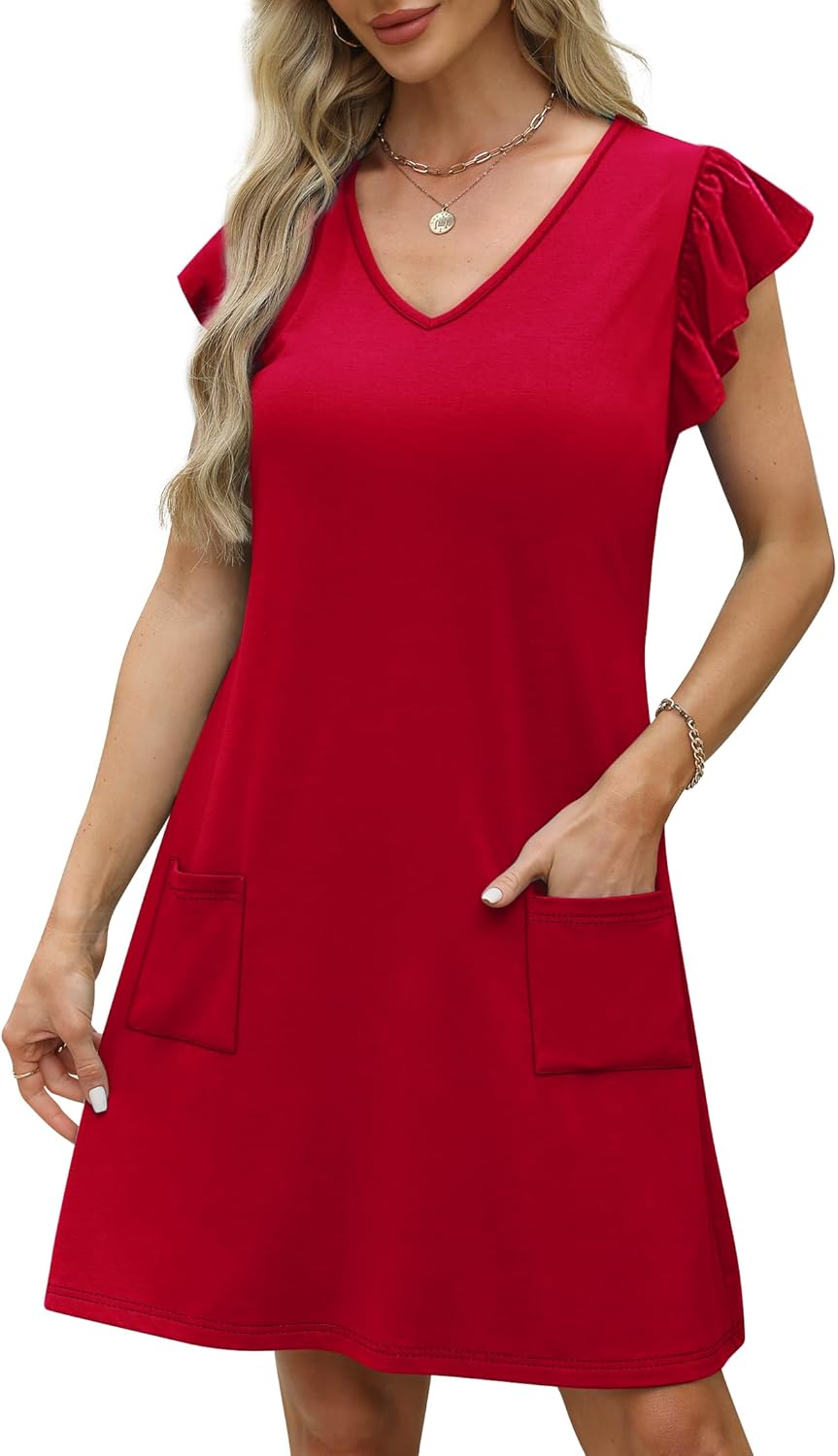 OFEEFAN Womens Summer Dresses 2026 Ruffle Sleeve V Neck Loose Swing Sundresses with Pockets Plain/Print - Image 4