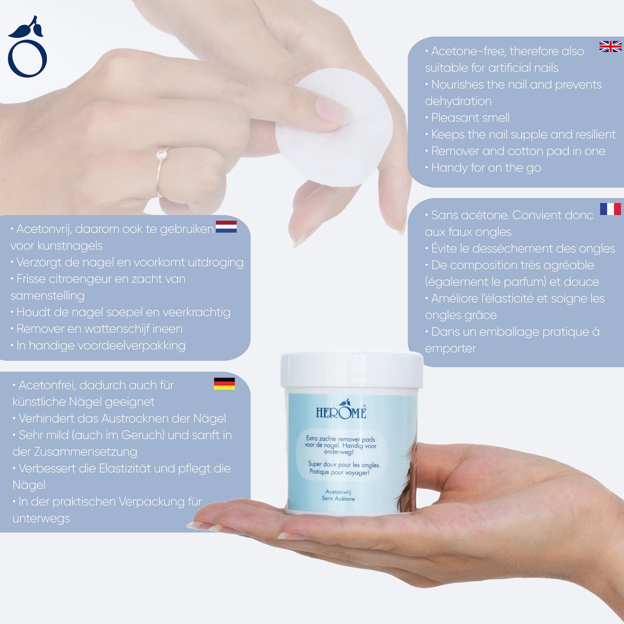 Herome Disques Dissolvants à Vernis à Ongles (Caring Nail Polish Remover Pads) - Sans Acétone - 100 pads
