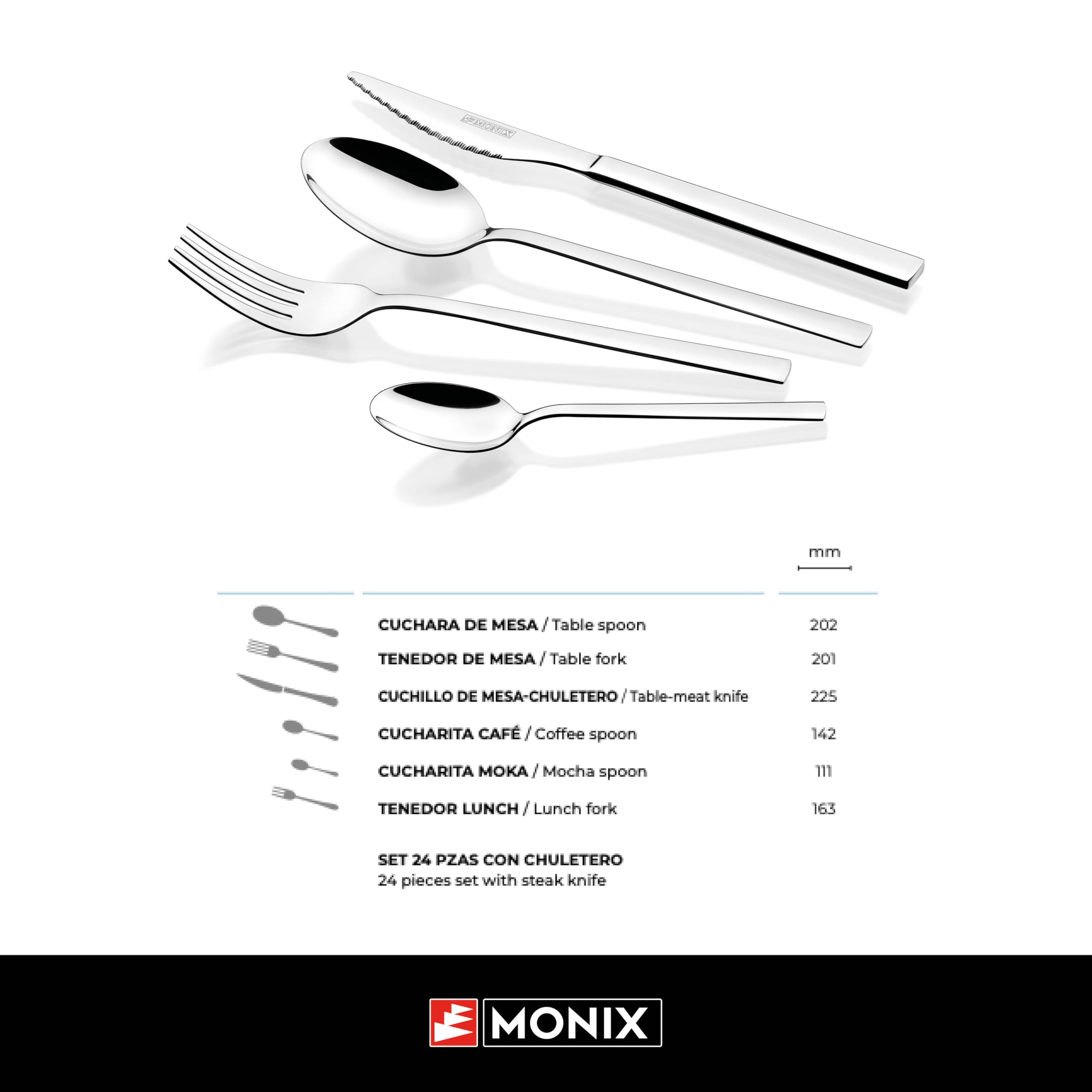MONIX Amalfi | Set 24 piezas de cubiertos con cuchillo chuletero, Acero Inoxidable 18/0, Acabado Pulido, Apto para Lavavajillas