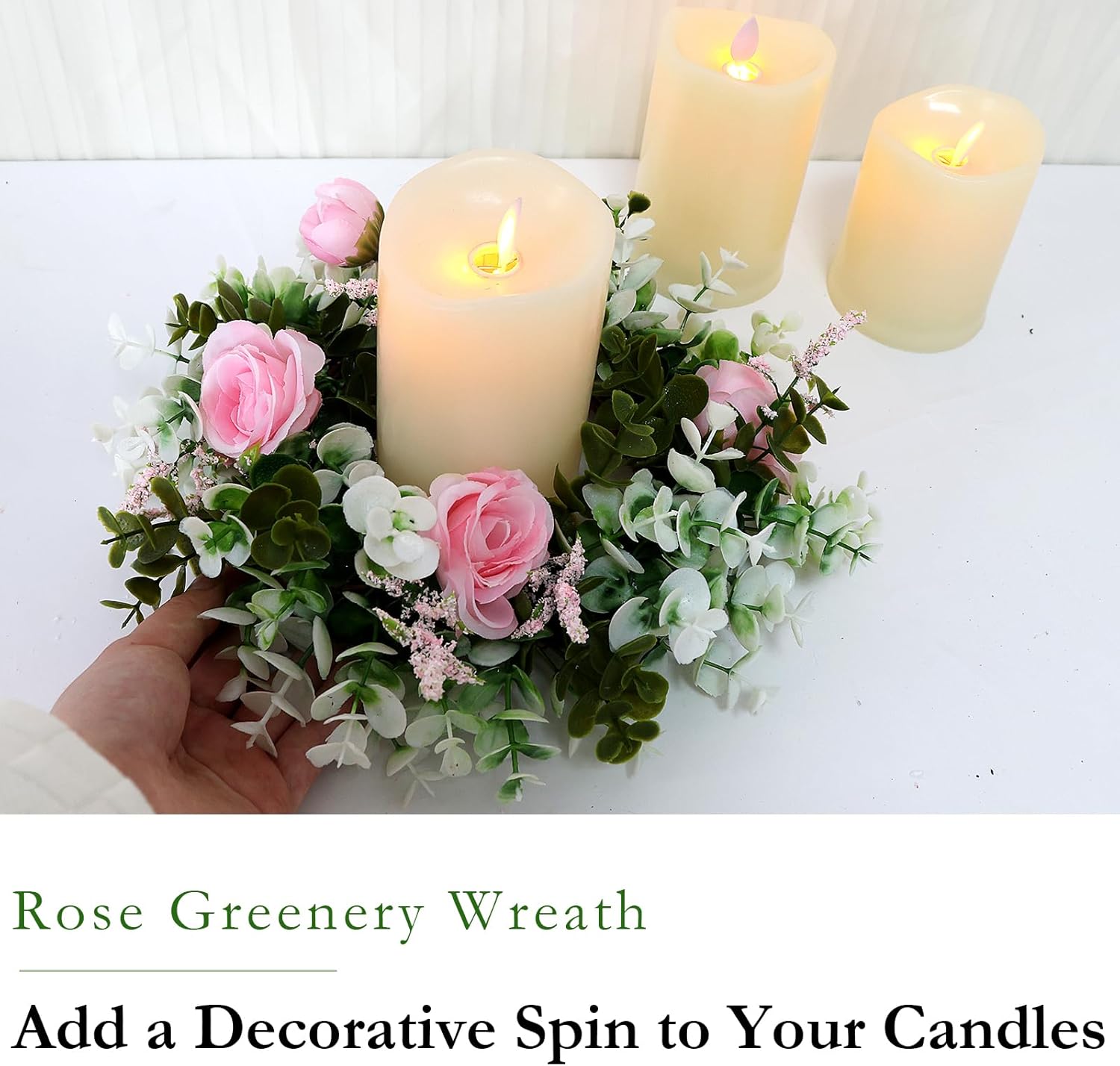 4 Pcs Rose Candle Rings - Artificial Pink Floral Wreaths with Eucalyptus Leaves Greenery Garland for Pillar Candleholders Wedding Centerpiece Party Home Table Decor
