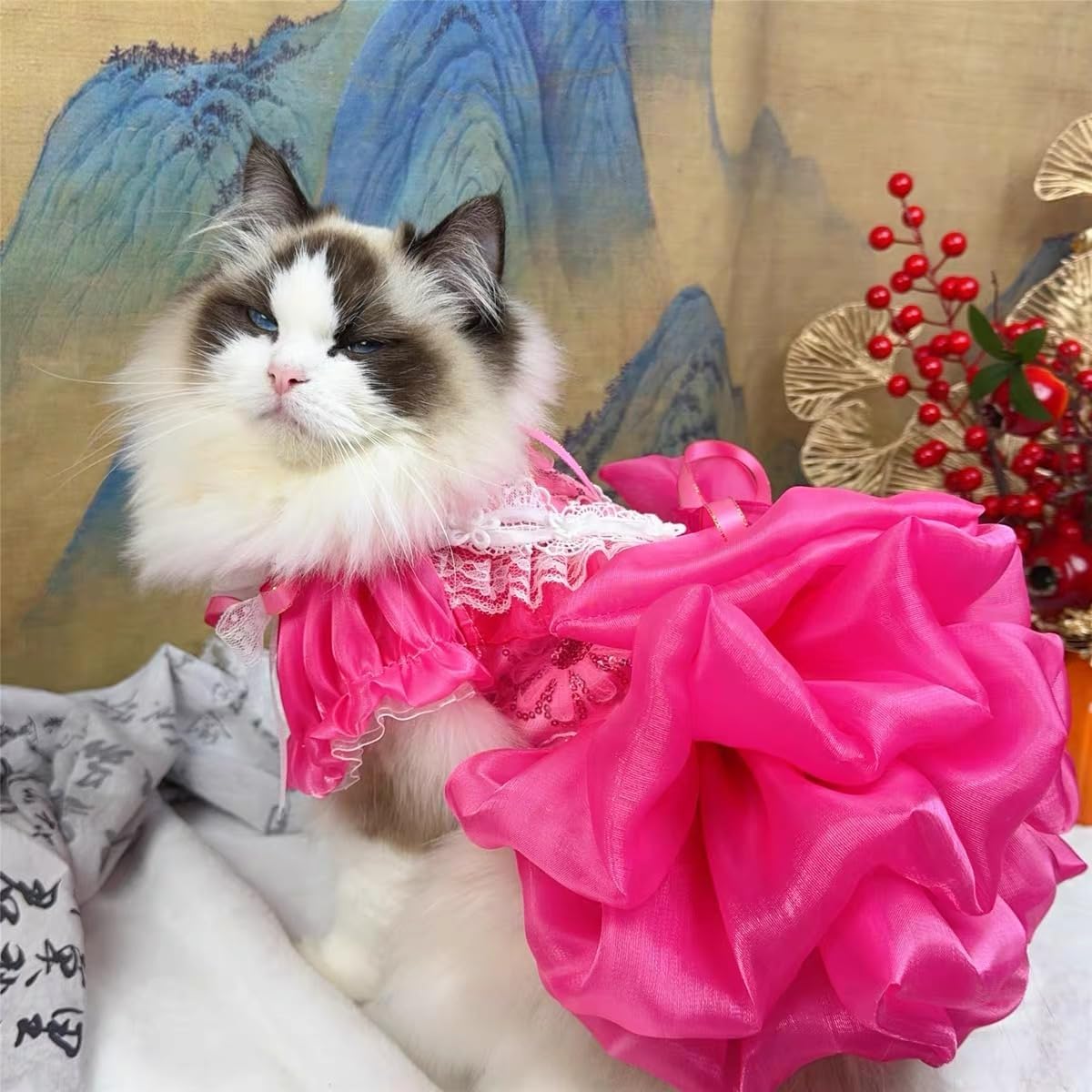 Handmade Hot Pink Princess Dog Dress Elegant Lace Birthday Party Outfit for Small Dogs & Cats Pet Costume Clothes