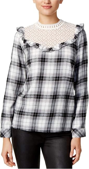 Kensie Womens Soft Plaid Ruffle Top, Black Combo, M