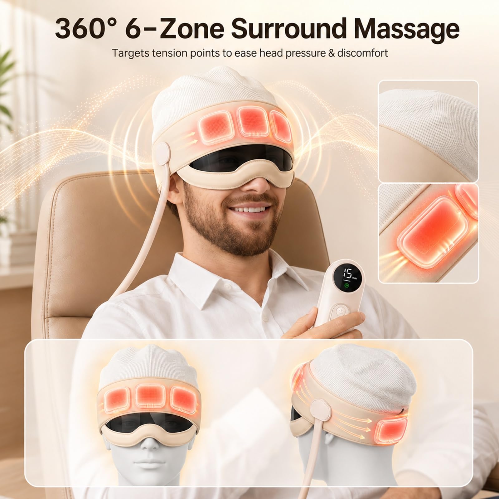 Massaggiatore 2-in-1 Per Testa E Occhi Con Calore A 6 Livelli E Massaggio A Pressione (Kneading) Su 6 Zone, Dispositivo Elettrico Con Telecomando E Visiera Trasparente, Alleviare Lo Stress
