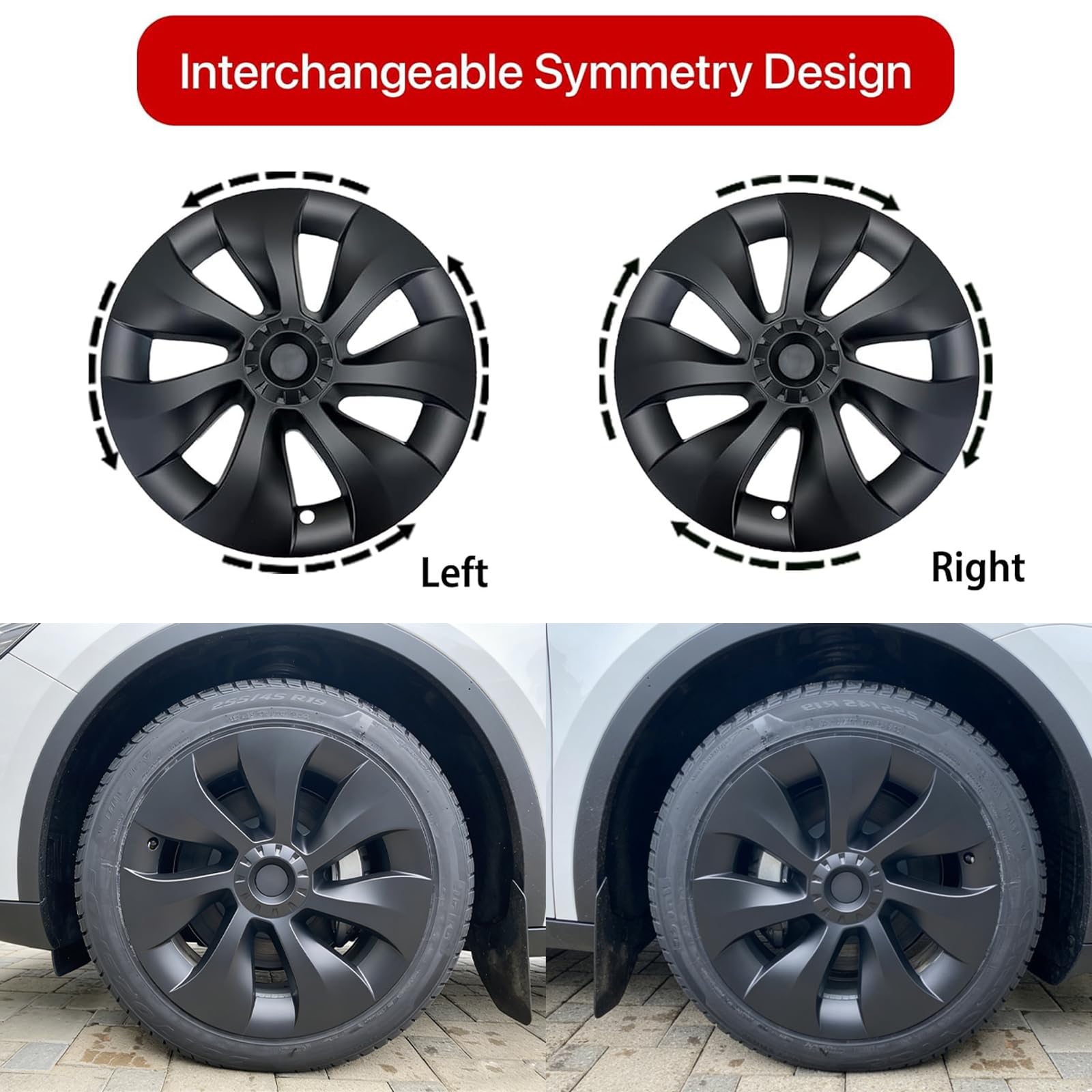 KAVANIC Lot de 4 enjoliveurs modèle Y de 48,3 cm, Style Cyclone, Noir Mat pour Tesla Model Y 2020-2024 – Enjoliveurs de Rechange avec Logo symétrique