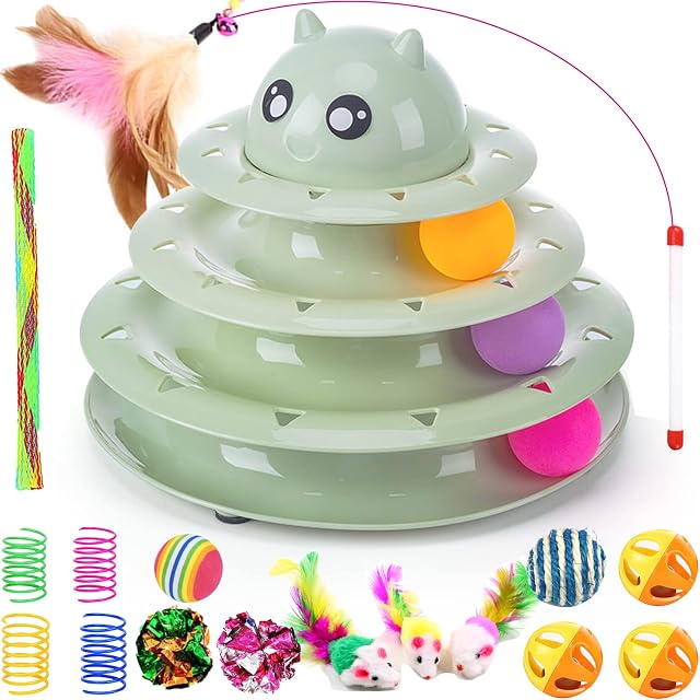 17 Pack Cat Toys Interactive for Indoor Cats Kitten Toy Fun Roller 3 Level Cat Teaser Ball Toys with Cat Feather Wand