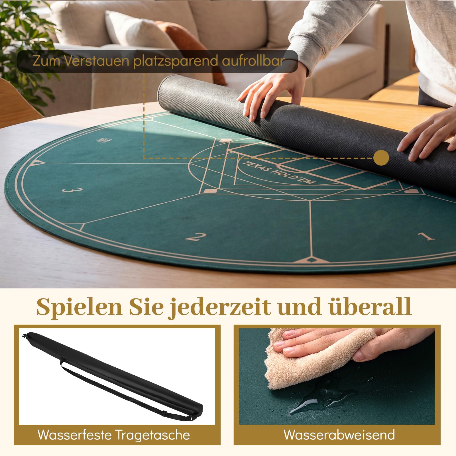 COSTWAY Runde Pokermatte 100/120 cm, Faltbare Pokertisch-Auflage mit Tragetasche, Pokerauflage mit Rutschfester Gummibasis, Pokertisch-Top für 8 Spieler, Grün (120 cm)