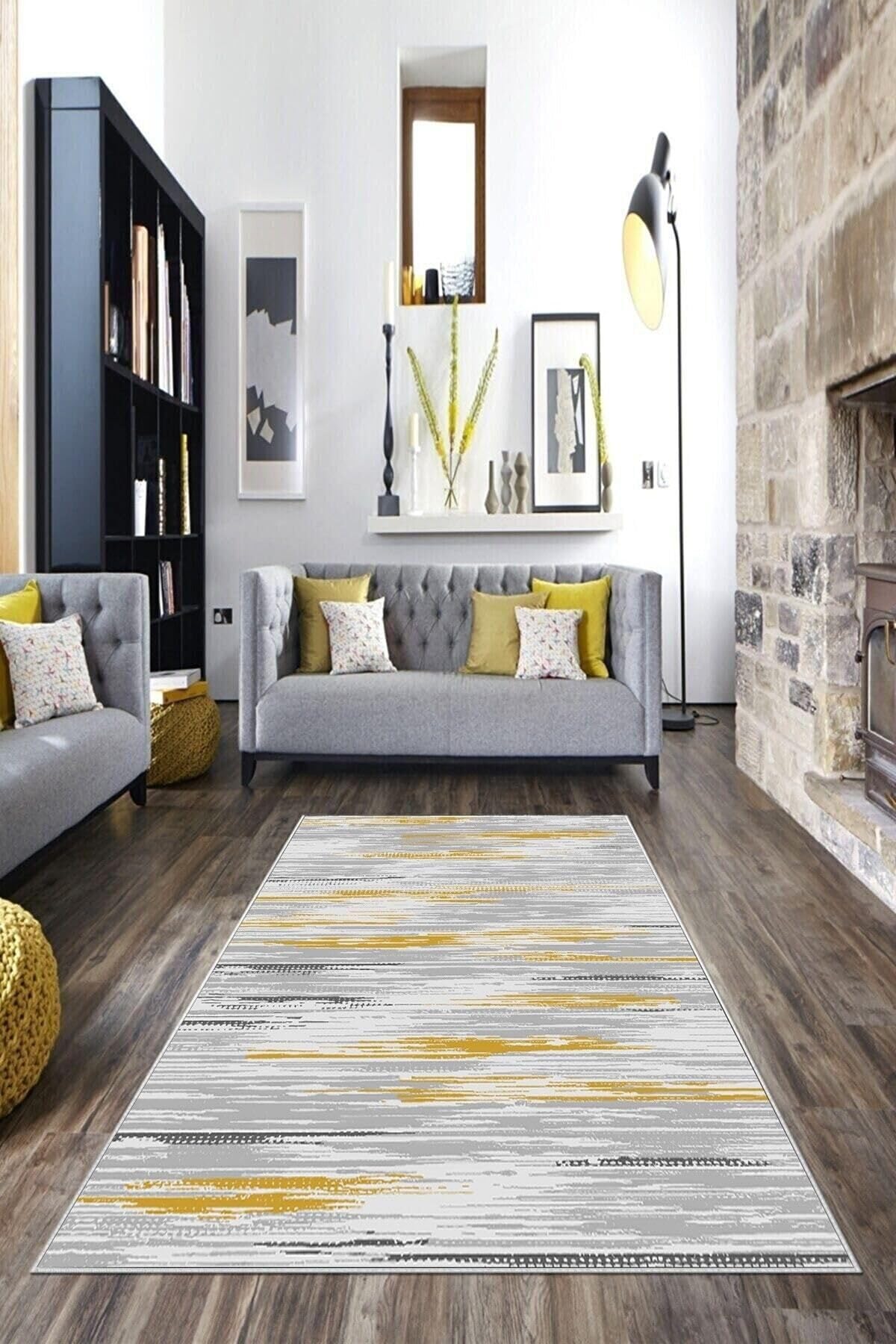 Pelangi Gri Desenli Hardal Detaylı Yıkanabilir Kaymaz Taban Leke Tutmaz Modern Salon Halısı Ve Yolluk, Sarı-Gri 160 x 240, 135819816024005