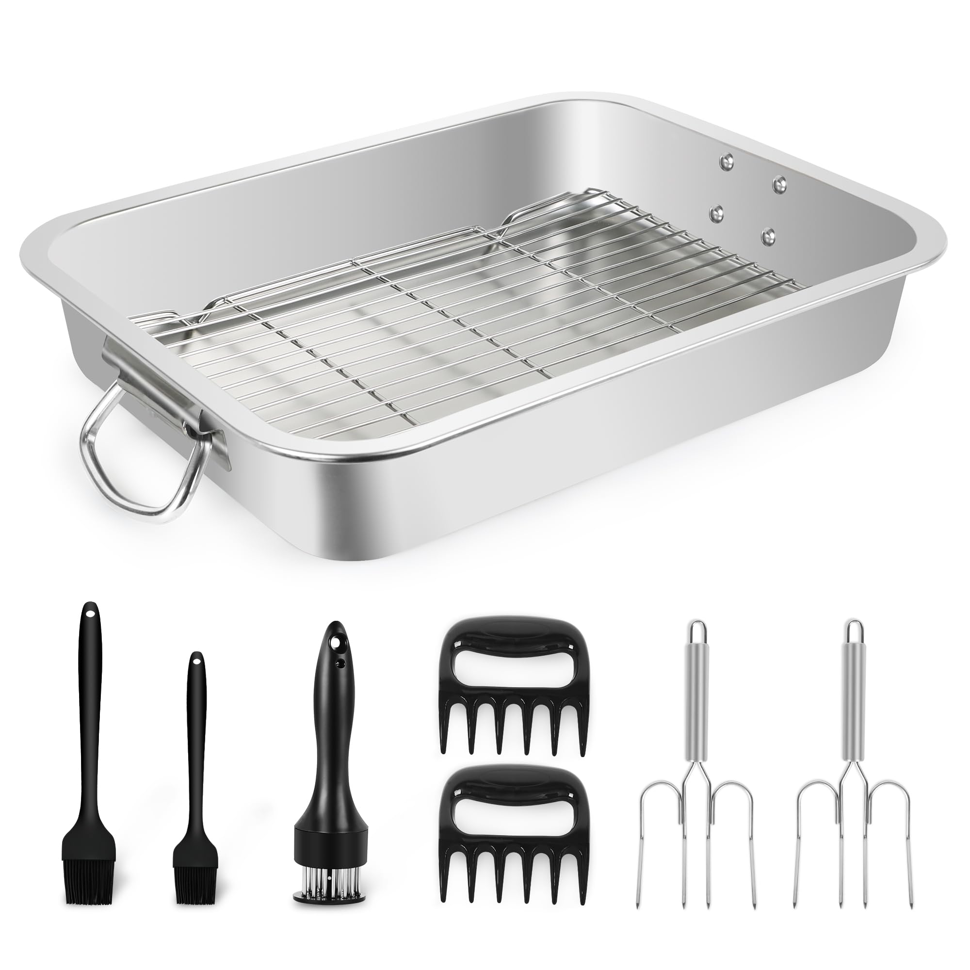 Stainless Steel Turkey Roasting Pan,Heavy Duty Nonstick Surface Roaster Pan Rectangular Lasagna Cake Baking Pans with Rack,Meat Claws, Turkey Fork,Silicone Brush,Tender Meat Needle