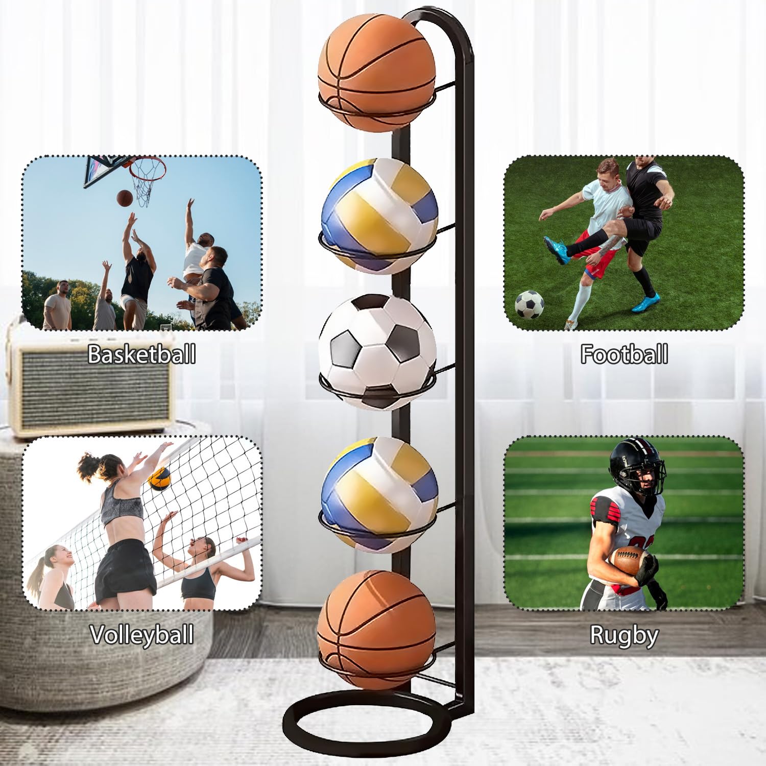 Buy 4-Tier Vertical Ball Storage Rack, Removable Vertical Display Sports Equipment Organizer For Basketball Volleyball Football Rugby Badminton Online - View #10