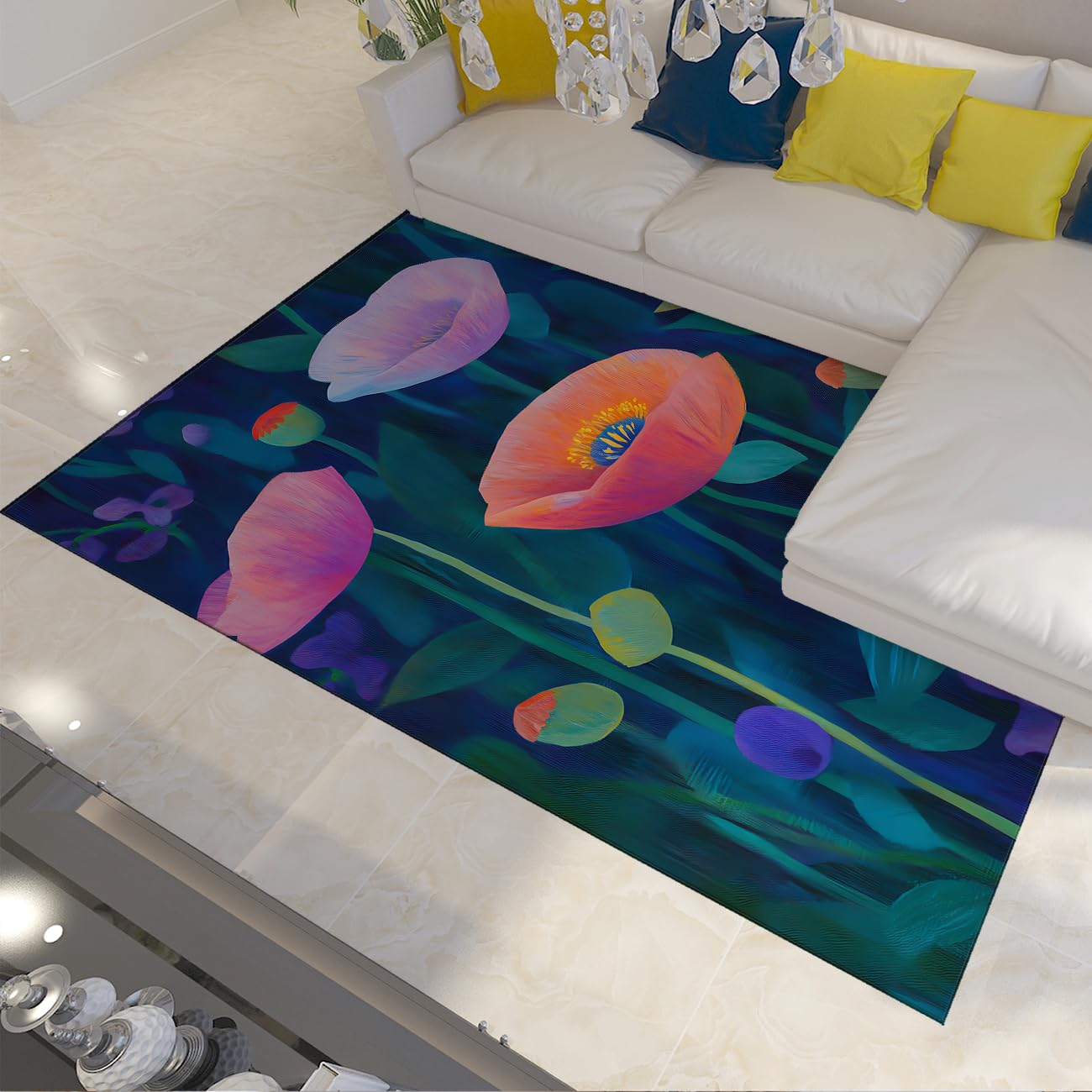 Tapis 100x150cm vert bohème floral lavable pour la chambre et le salon