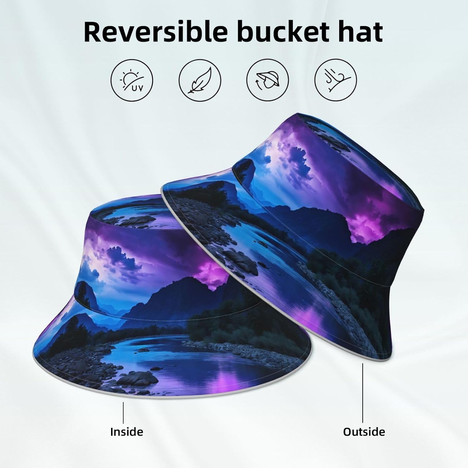 (Blue Galaxy) Reflective Reversible Bucket Hat Foldable Breathable Stylish Two-Way Wear for Outdoor Travel Daily Activities