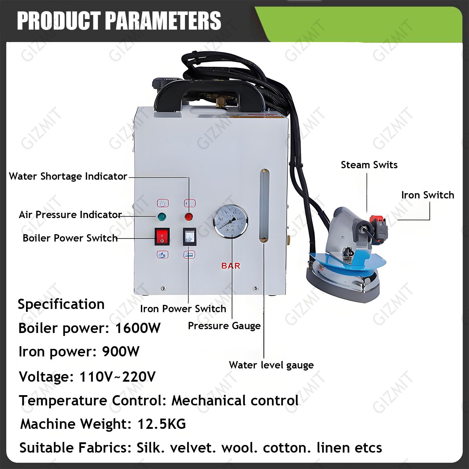 Żelazko parowe elektryczne 1600 W, bojler, stacja do prasowania parowego ze stali nierdzewnej 1600 W, bojler 4 l, głowica żelazka 900 W, do sklepów odzieżowych, pralni i fabryk