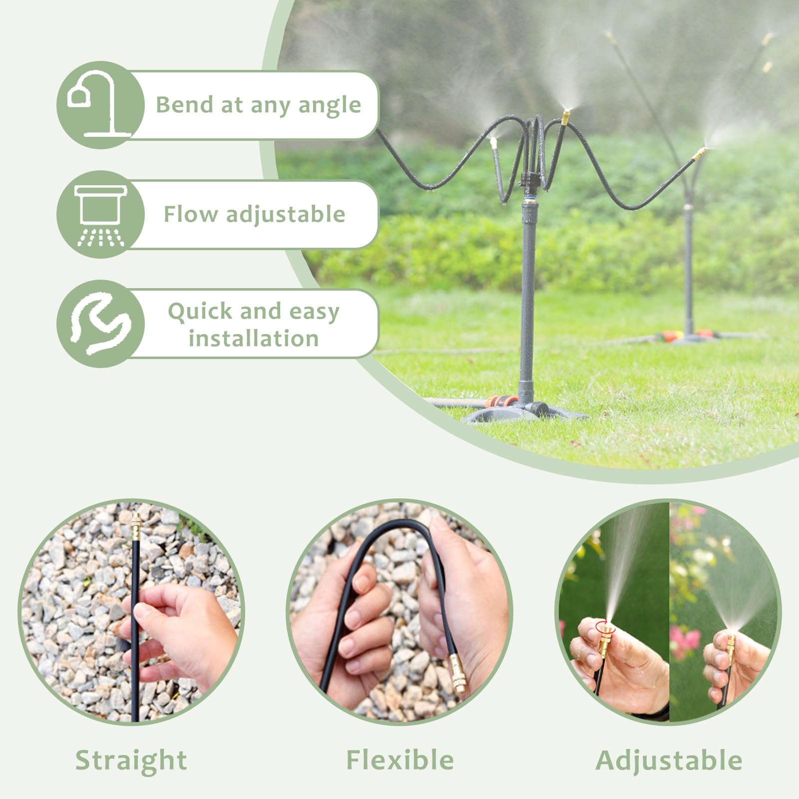 ERRULAN Nebulizzatore Esterno con Supporto Raffreddamento Calore | Installazione rapida, ugelli fasciabili 360° per una copertura, flusso d'acqua regolabile(1/2″ Hose Fitting,49.2ft(15m))
