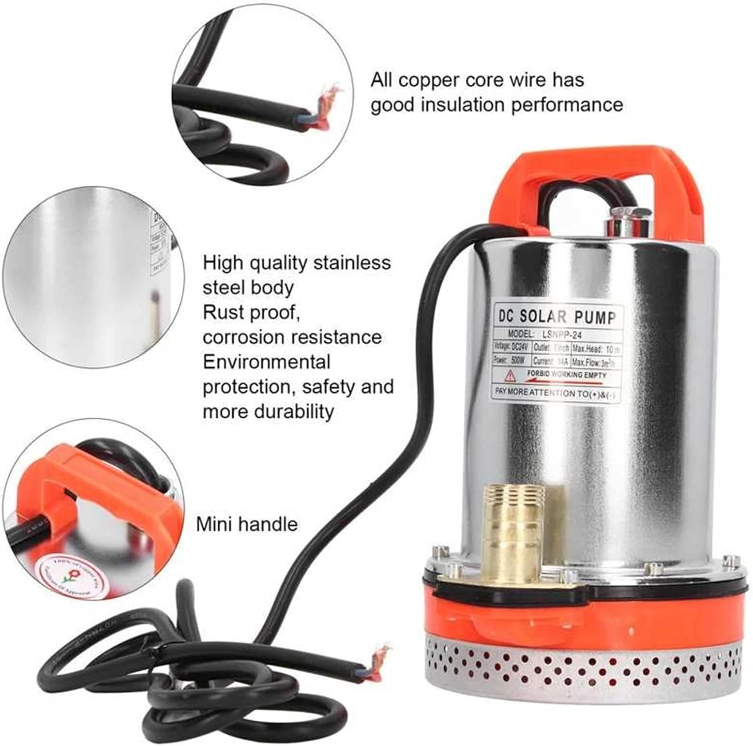 Mini Submersible Portable Electric Water Pump DC 24V 500W Solar Power Submersible Pump 3000L/H Large Flow 3800r/min All Copper Wire Motor Deep Well Water Pump