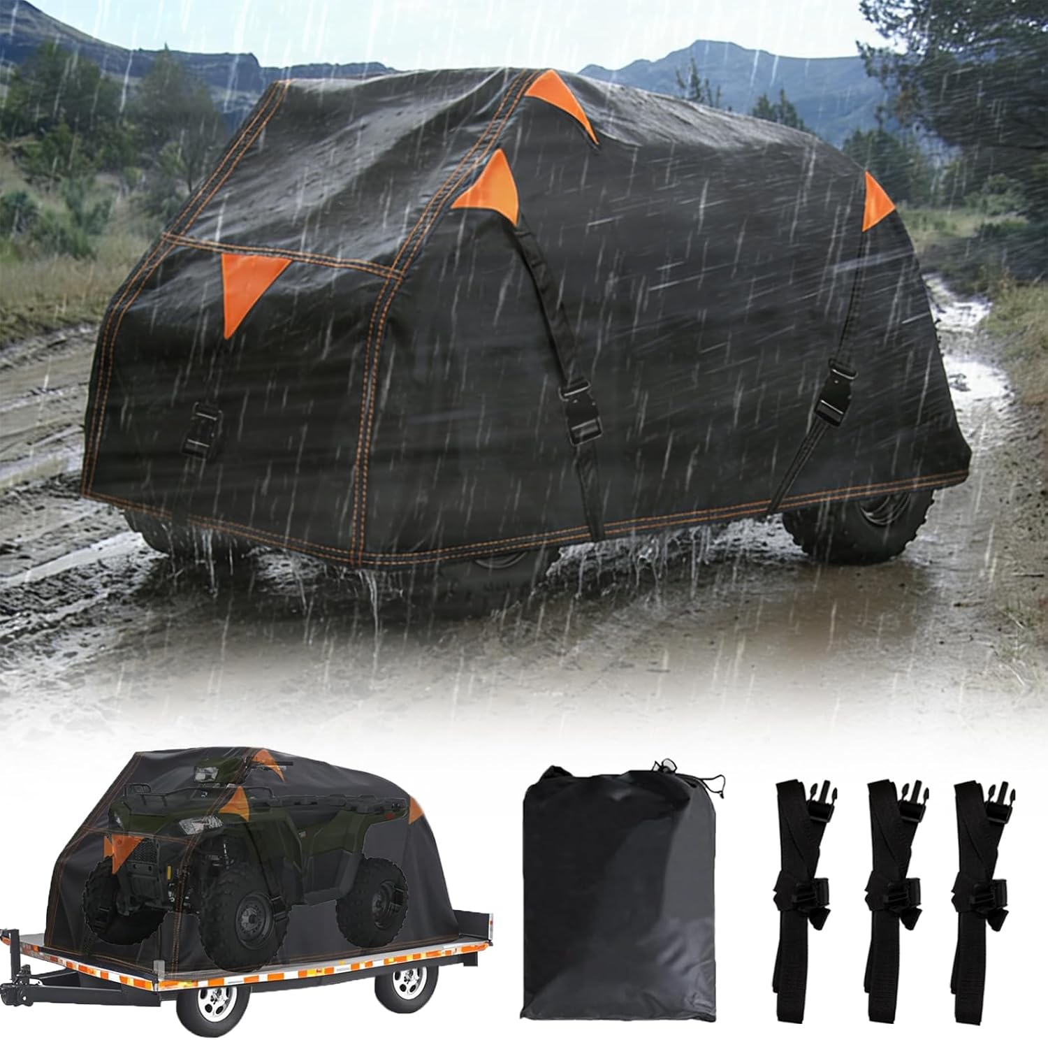 QYMOTO ATV Cover Water-Proof Outdoor Heavy Duty,900D Quad Cover 4 Wheeler Cover with 3 Adjustable Wind-Proof Straps for Can-Am Outlander 450 570,Polaris Sportsman 550 570,CFMOTO Cforce 600