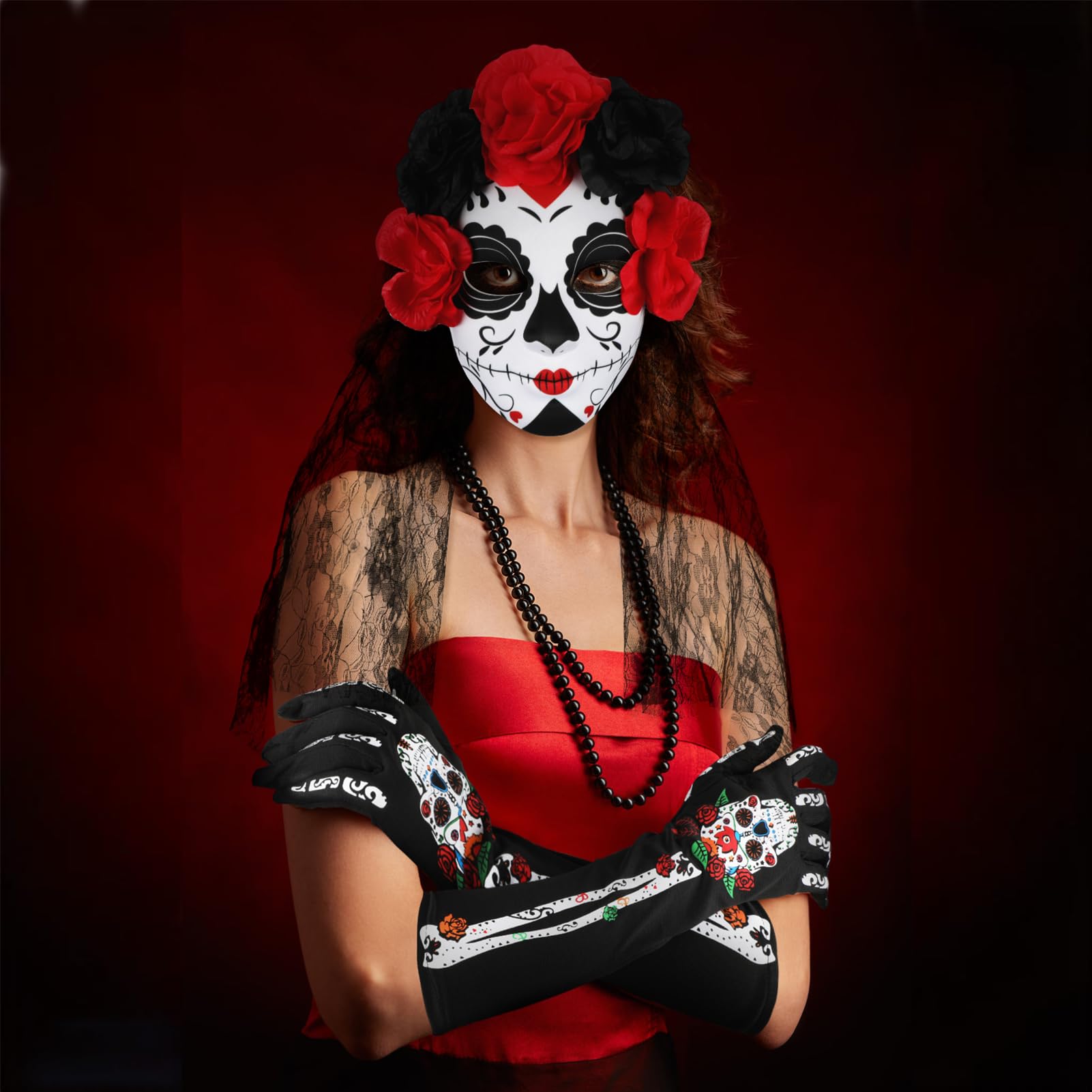 Dia De Los Muertos Kostüm-Set Für Damen – 4-teilig, Mit Haarreif, Maske, Halskette, Handschuhen
