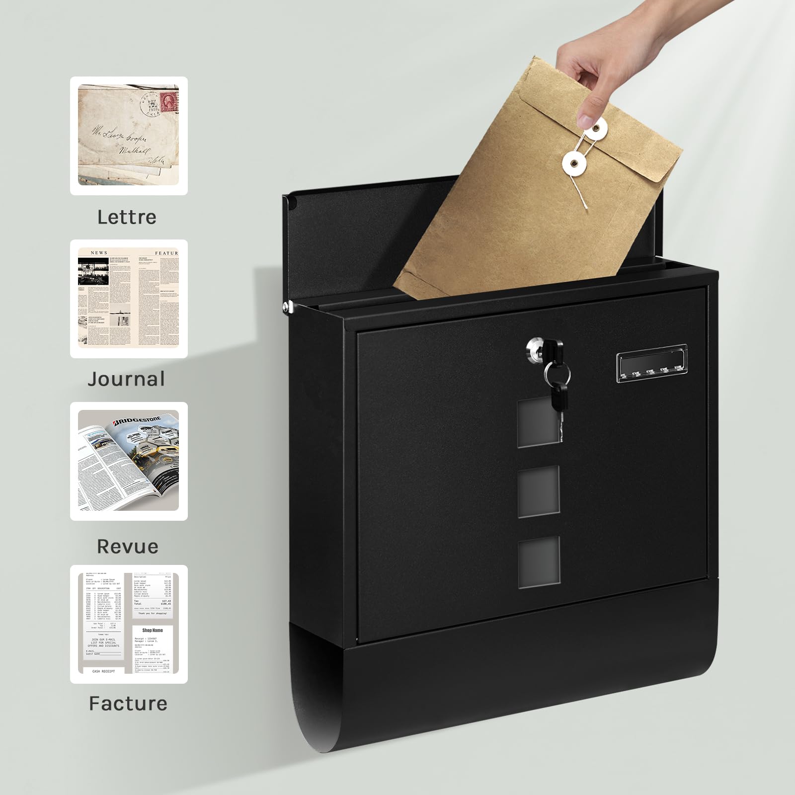 WOLTU Boîte aux Lettres, Boîte Postale avec Serrure, Postbox Extérieur avec 3 Fenêtres Transparentes, Plaque Nominative et Zones Divisées, Noir, 37x37x10,5 cm
