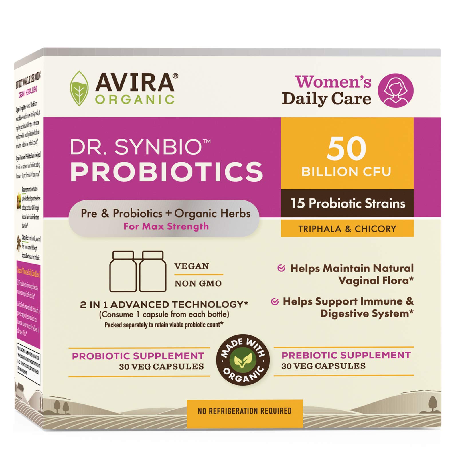 Dr. Synbio Womens Daily Care Probiotics & Organic Prebiotics – Triphala & Chicory, 50 Billion CFU & 15 Multiple Strains, Helps Natural Vaginal Flora, Immune & Digestive Support, Delayed Release