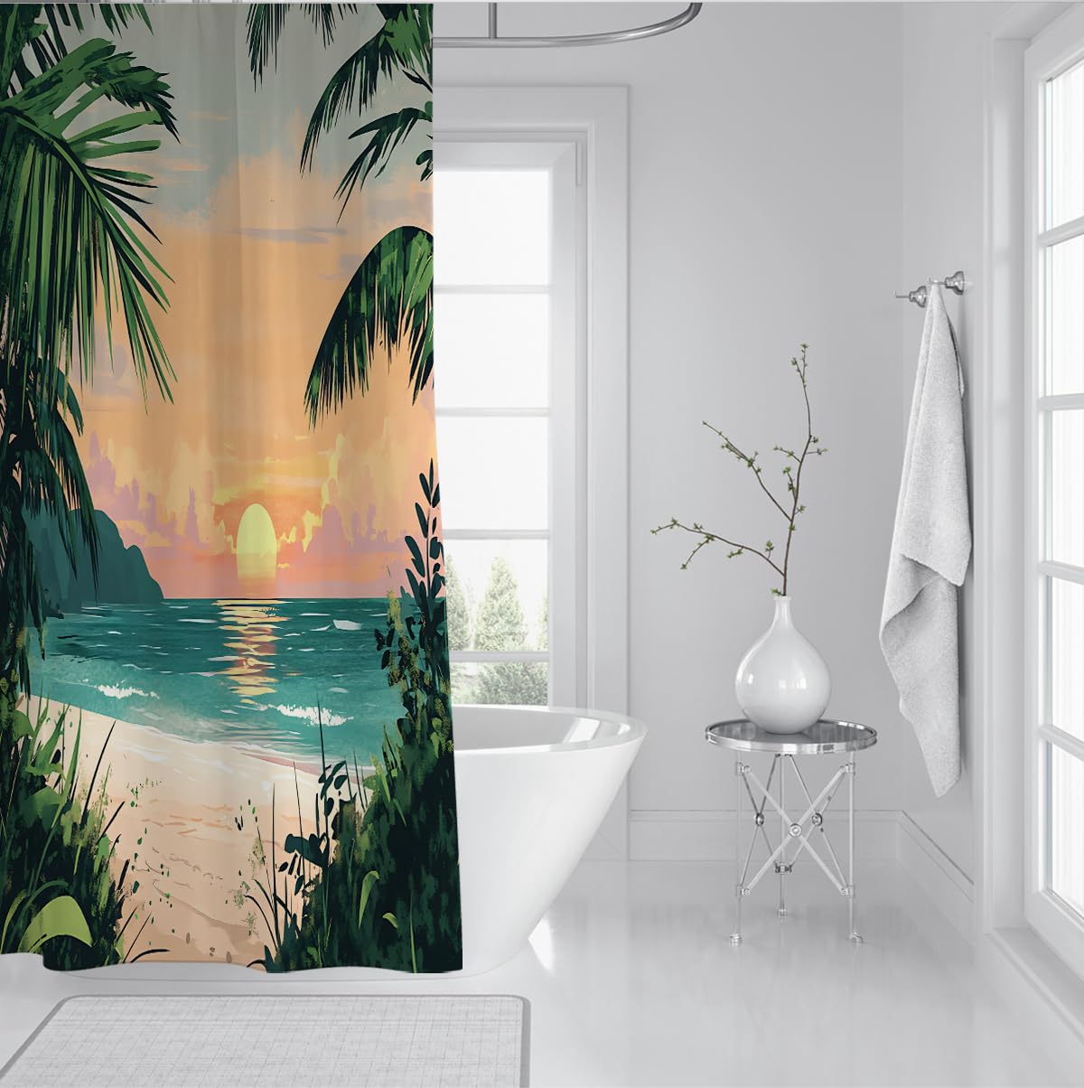 Rideau douche plage tropicale coucher soleil cocotier W220xL180 cm