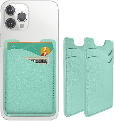 Funda de piel con tarjetero para teléfono, billetera adhesiva, elástica y compatible con iPhone, Samsung, paquete de 2 unidades, color verde
