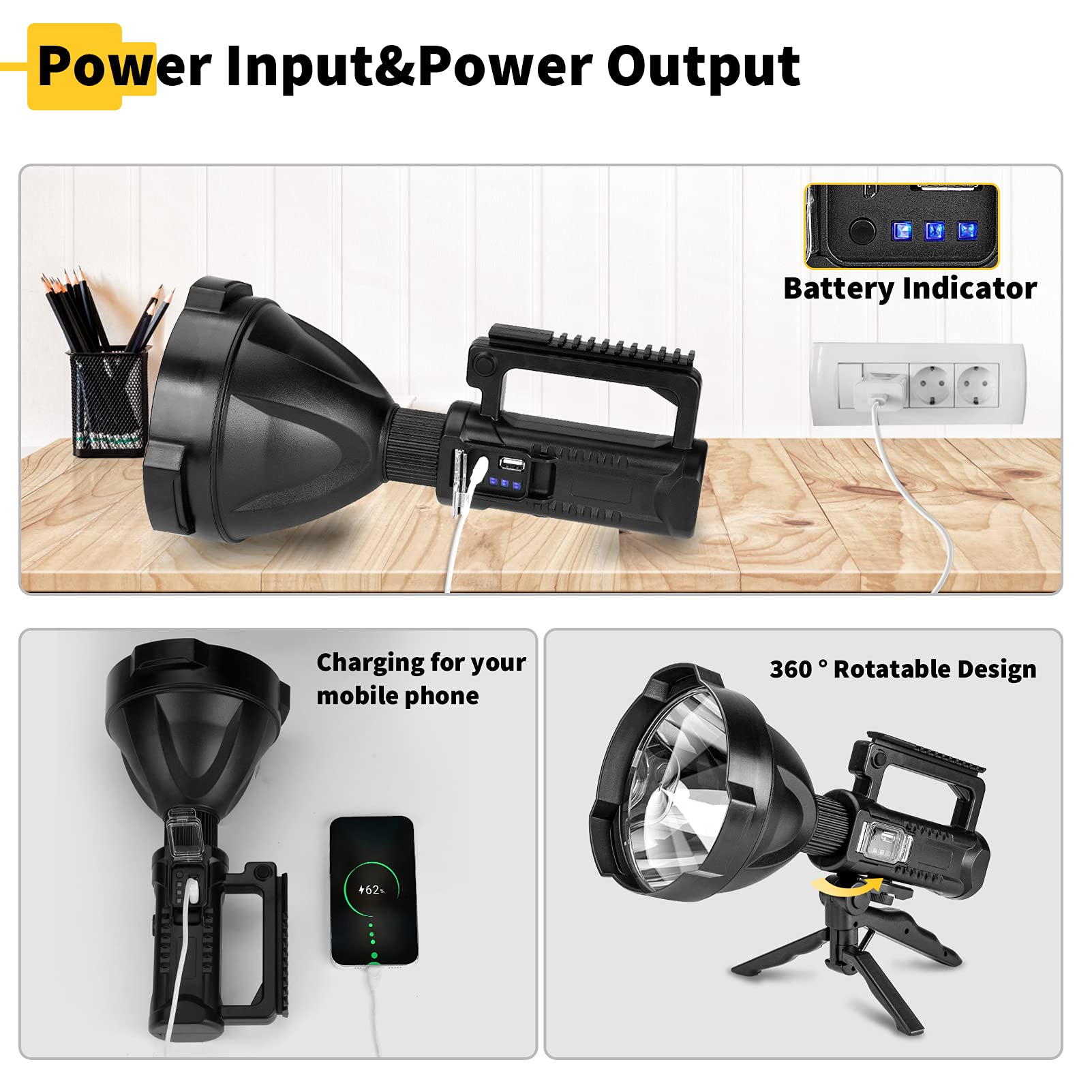 Torcia LED 900.000 Lumen Ricaricabile, Super Luminosa, Portatile, Con Pannello Solare E Uscita USB - Impermeabile IPX6